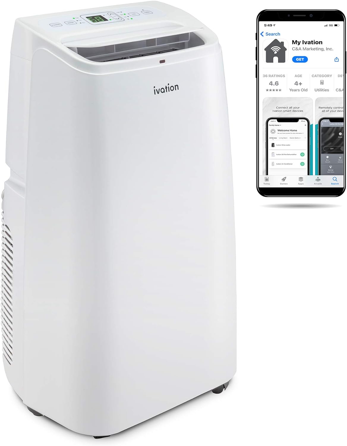 Ivation 13,000 BTU Portable Air Conditioner with Wi-Fi for Rooms Up to 500 Sq Ft (8,500 BTU SACC) 3-in-1 Smart App Control Cooling System, Dehumidifier and Fan with Remote, Exhaust Hose & Window Kit