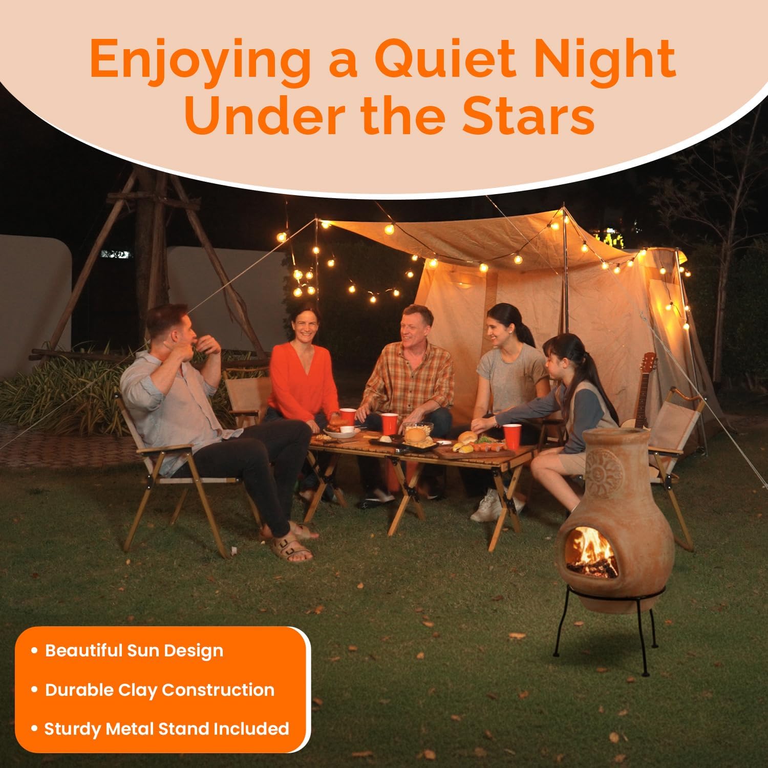 Outdoor Beige Clay Chiminea Outdoor Fireplace Sun Design Charcoal Burning Fire Pit with Sturdy Metal Stand, Barbecue, Cocktail Party, Family Gathering, Cozy Nights Fire Pit