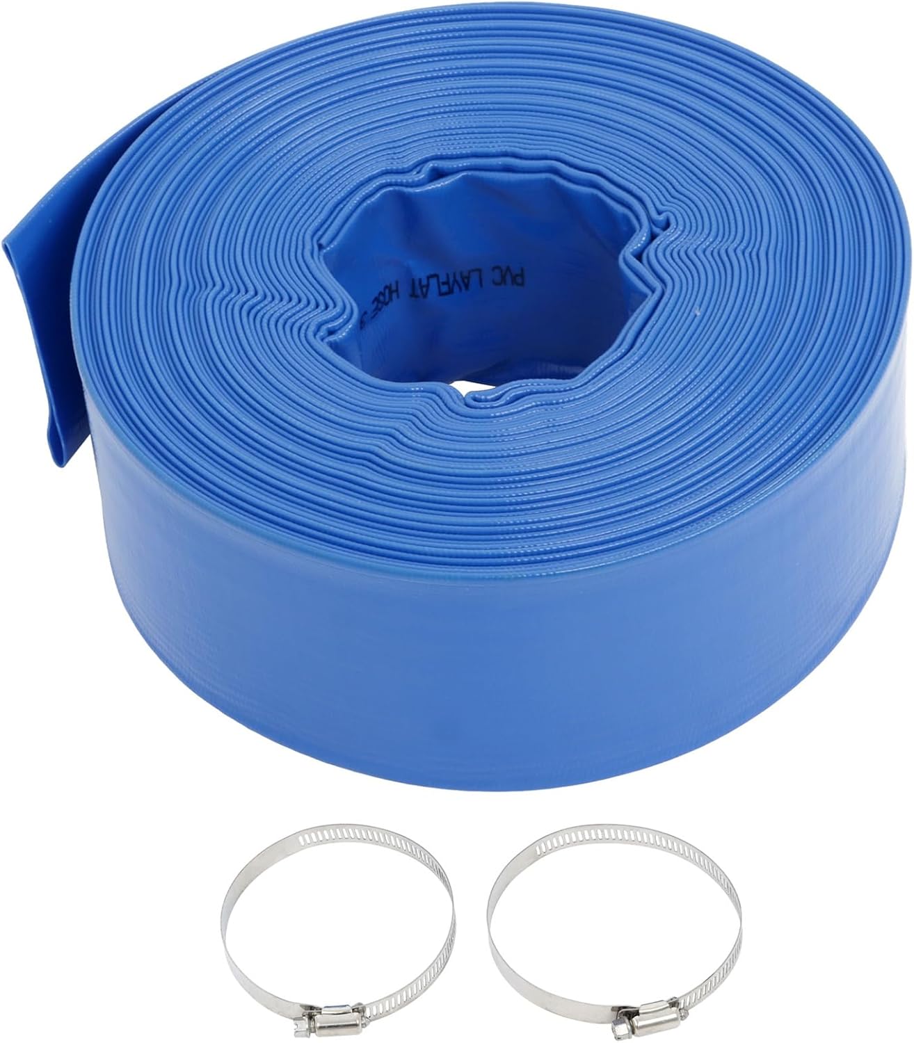 3In x 100Ft PVC Irrigation Hose with Two Hose Collets Blue Backwash and Discharge Hose for Swimming Pools Heavy Duty Reinforced Flat Pool Hose