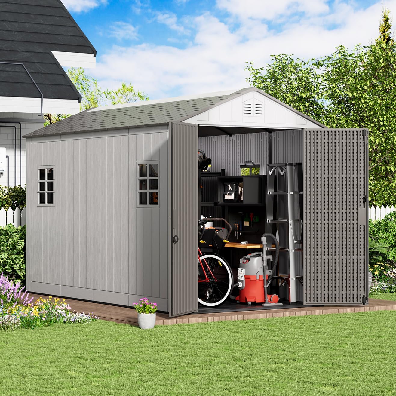 KINYING 6x11 FT Outdoor Storage Shed with Floor,Resin Outdoor Garden Tool Shed with Windows,Lockable Weather Resistant Large Plastic Shed for Bike Storage,Lawn Mower,Pool Supplies