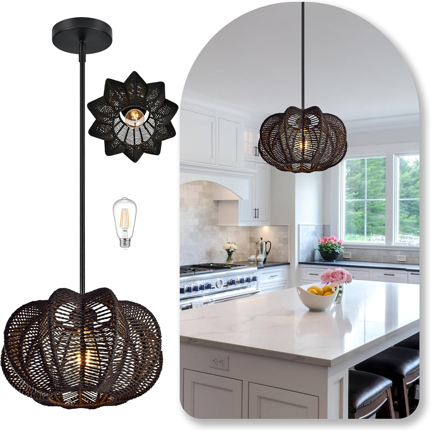 Black Rattan Pendant Light 12.6 in Rattan Light Fixture Wicker Chandelier Woven Pendant Light Boho Chandelier for Foyer