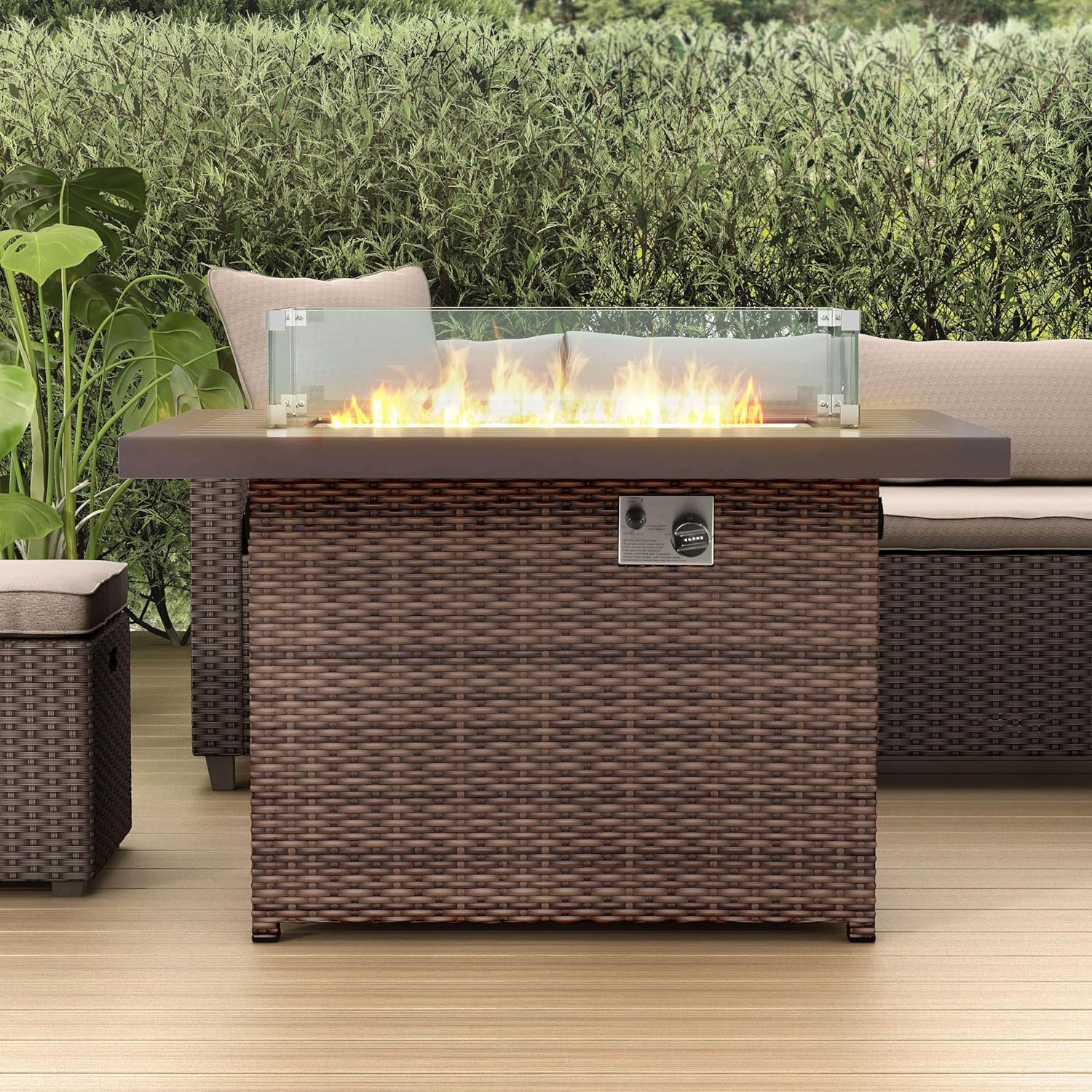 Greemotion Finley Patio Outdoor Propoane Fire Pit Table with Removable Cover and Glass Windshield 55,000 BTU for Patio Deck Backyard Poolside, Brown