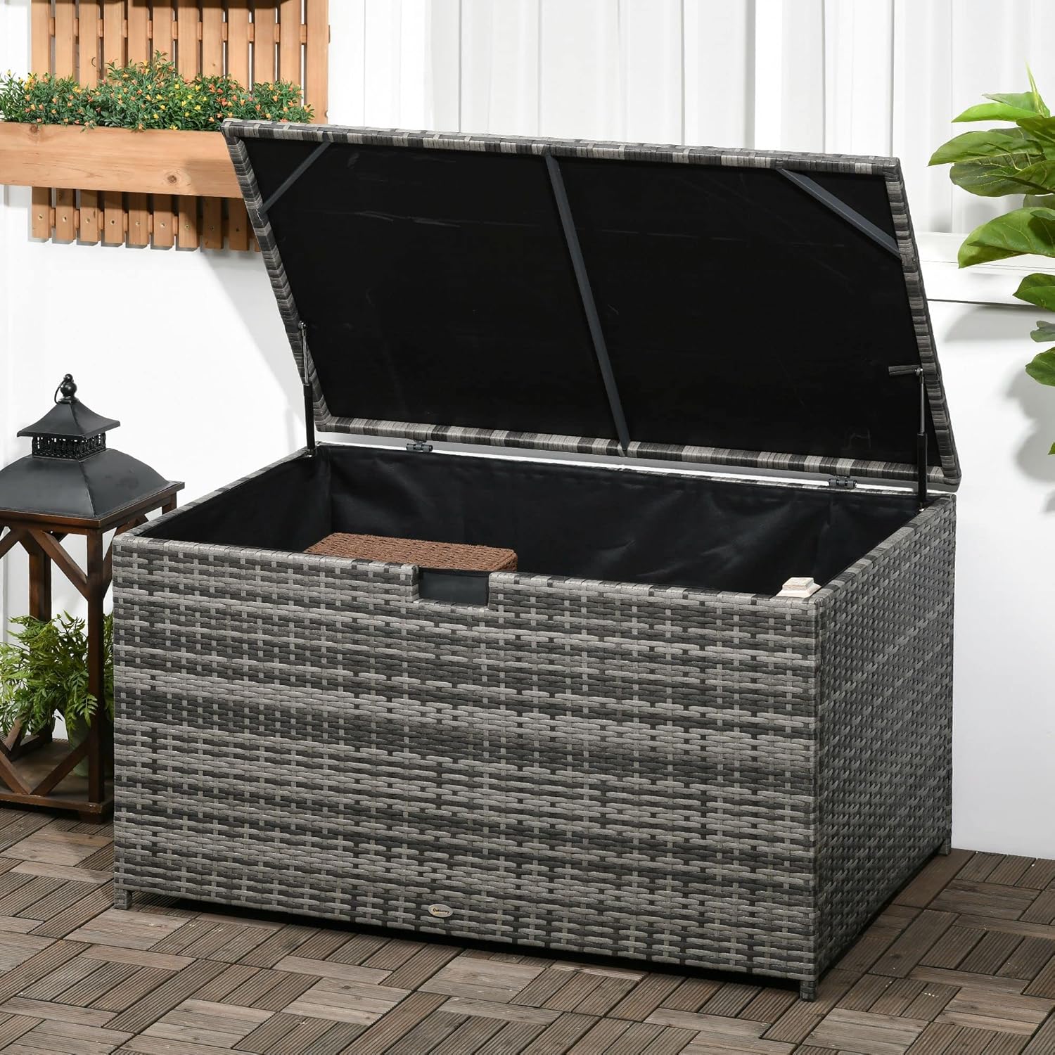 113 Gallon Wicker Deck Box, Outdoor Storage Box, Rattan Storage Bin with Waterproof Liner, UV Resistant Storage Container for Indoor, Patio Furniture Cushions, Pool Supplies, Garden Tools, Dark Gray