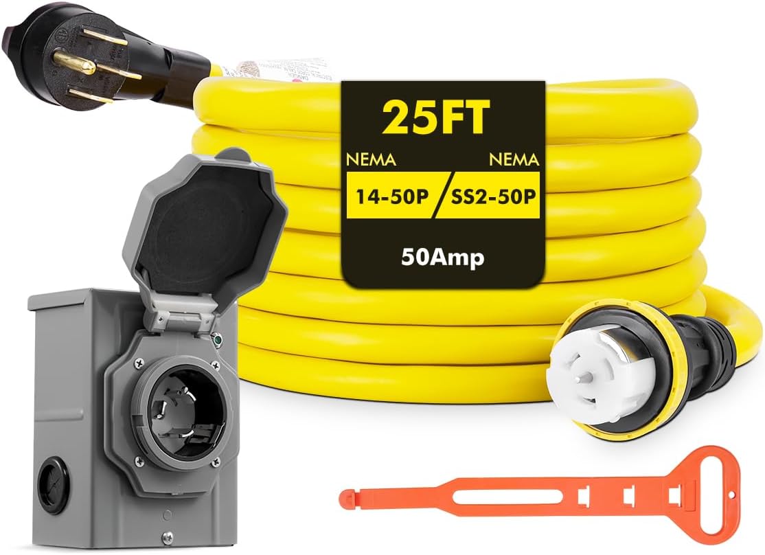 50 Amp 25Feet Generator Cord and Power Inlet Box Combo Kit, UL Listed, NEMA 14-50P Male to SS2-50R 125/250V Twist Locking with Inlet Box for RV Camper and Generator to House
