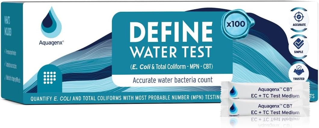 Define Water Test Kit - Detects Most Probable Number of E. coli & Total Coliform - No Lab Required - Home, Well, Tap & Freshwater Testing (100 Pack)