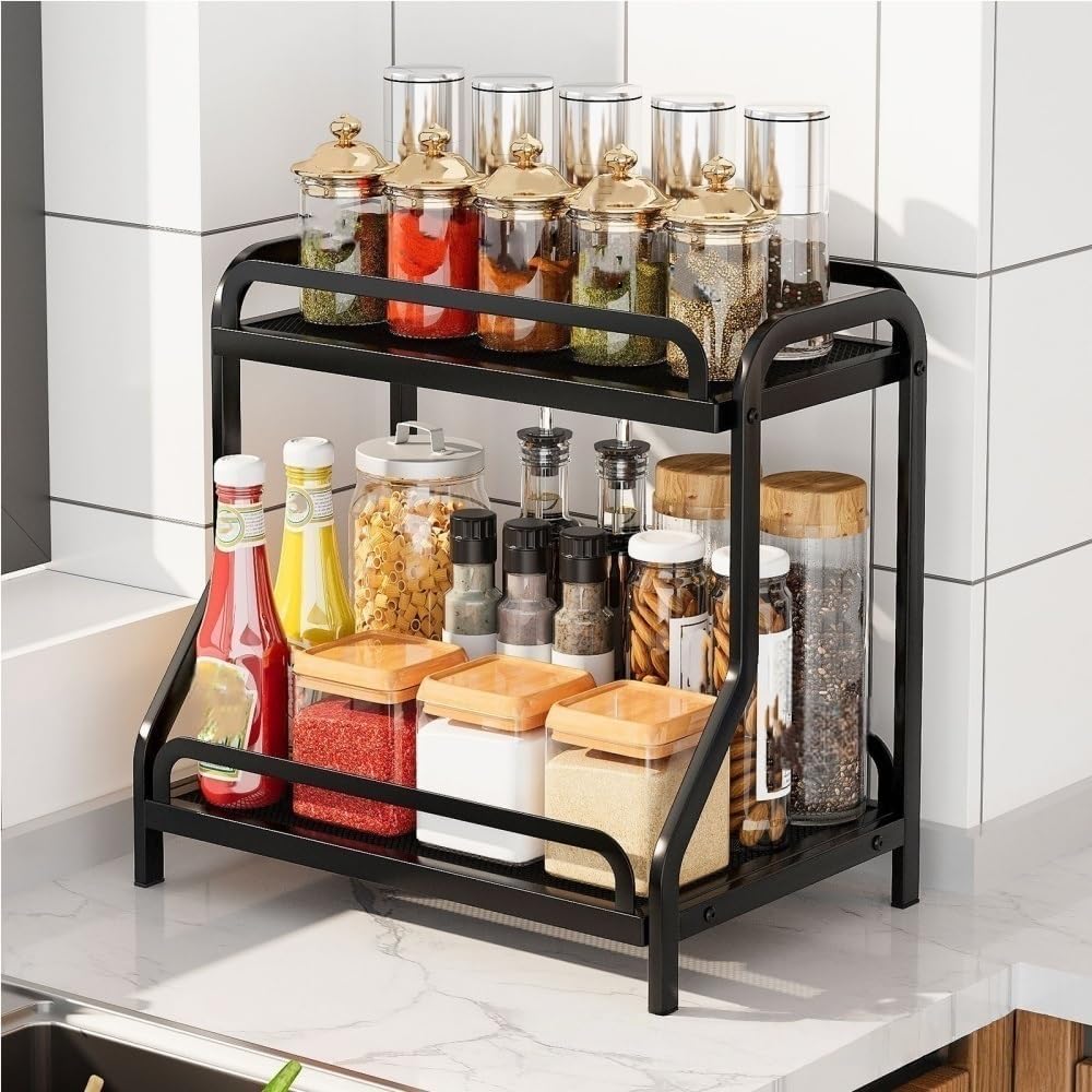 Seasoning Storage Rack, Countertop Spice Rack, Coffee Station Storage Rack, 2-layer Skin Care Product Rack, Metal Display Rack for Kitchen, Bathroom, Living Room(Black)
