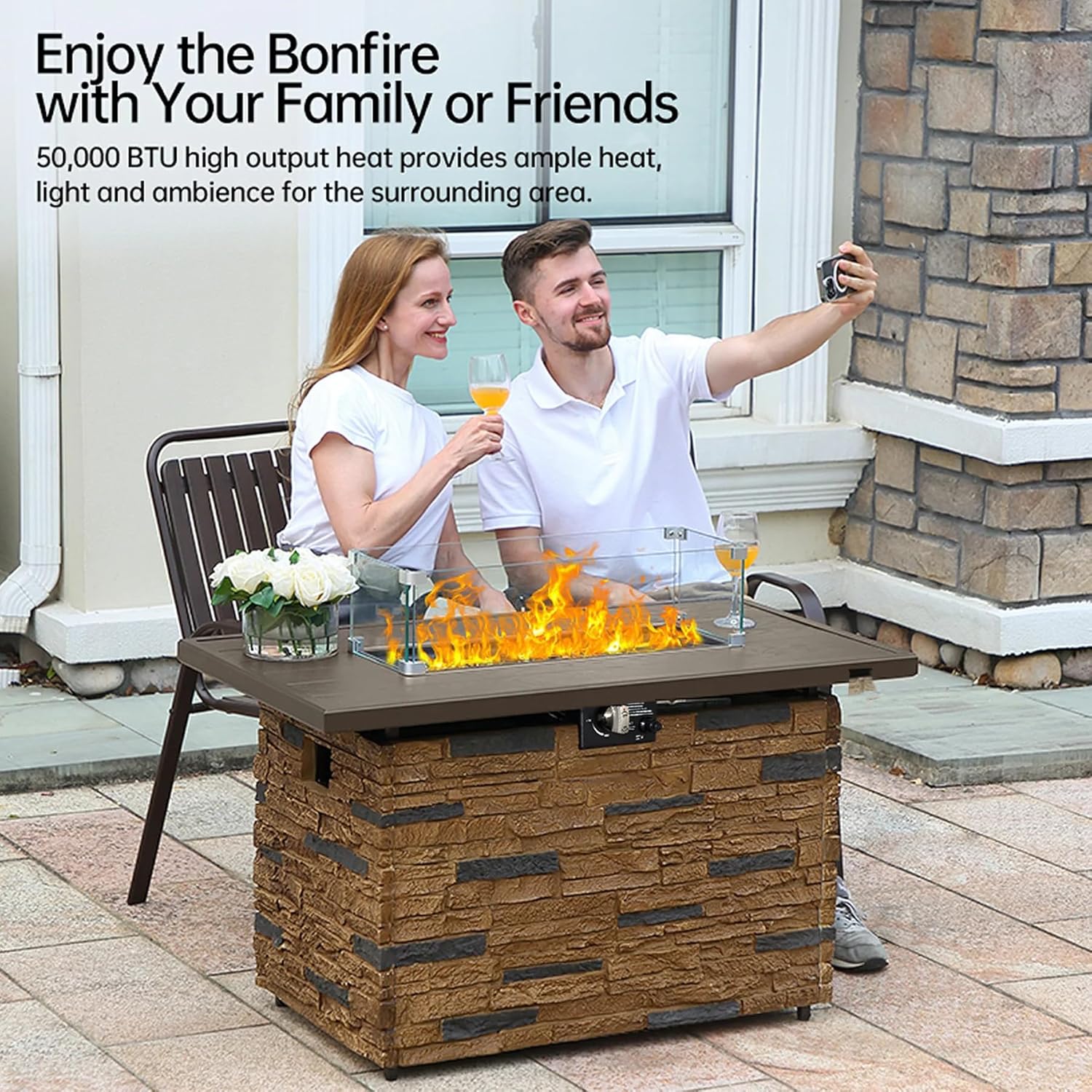 PIZZELLO 43 Inch Propane Fire Pit Table Outdoor Stone Firepit Rectangular 50000 BTU Propane Fire Tables for Outside Patio with Wind Guard, Table Lid, Fire Beads, Cover, Pizzello Caldo (Brown)