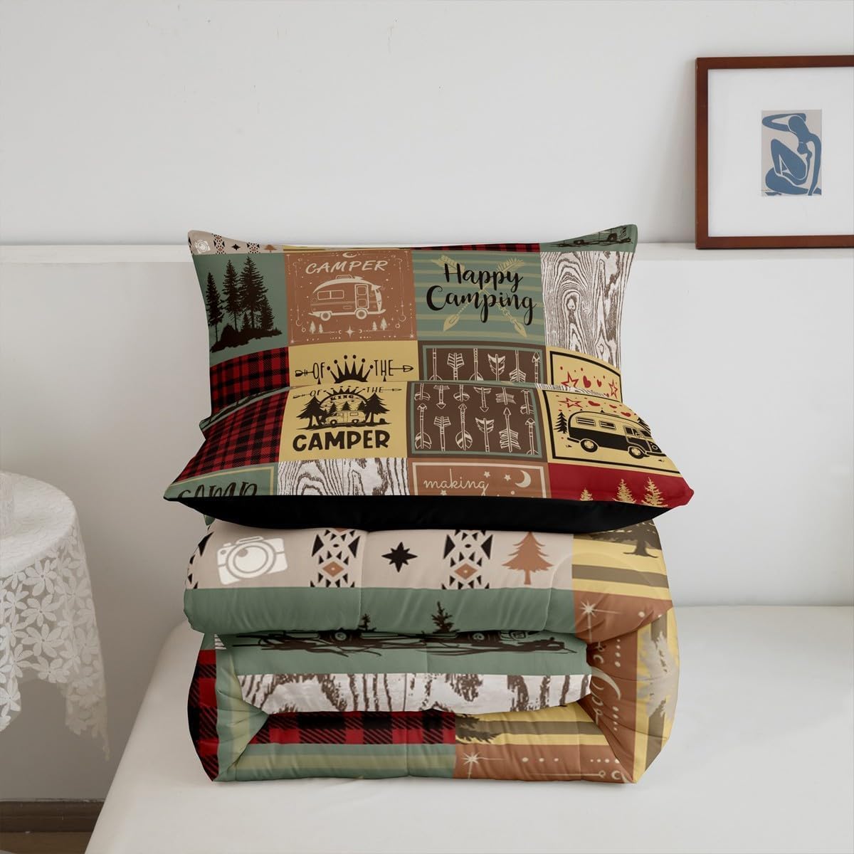 Erosebridal Retro Camper Quilt Set Happy Camping King Bedding Set for Kids Adults,Rv Camping Accessories Comforter Set for Travel Trailers Campers,Vintage Rustic Buffalo Plaid Bed Set 3 Pcs