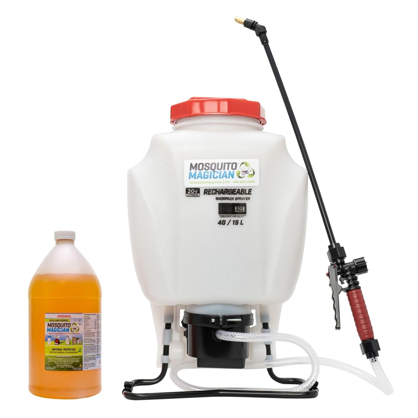 Mosquito Magician 1 Gallon Liquid Concentrate & 15L Battery Operated Backpack Sprayer - User-Friendly - for Yards, Lawns, Patios - Kills Mosquitoes, Fleas, Fire Ants - with 6 Natural Essential Oils