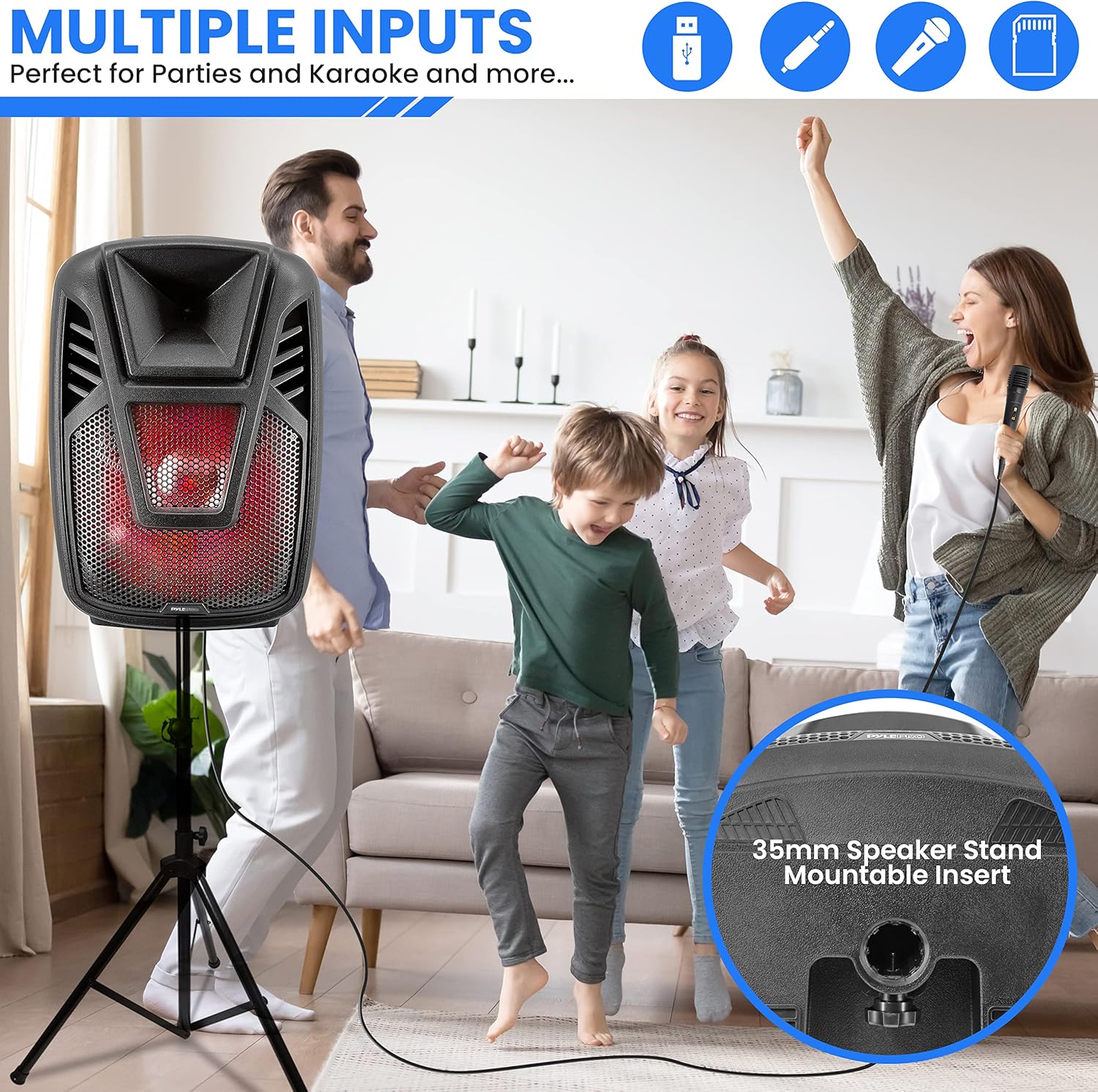 Pyle 15” Portable Bluetooth PA Speaker System - 800W Wireless Rechargeable Loudspeaker with LED Party Lights, Rolling Wheels, Built-in Amp, & Remote Control - Indoor/Outdoor Karaoke Machine (Black)