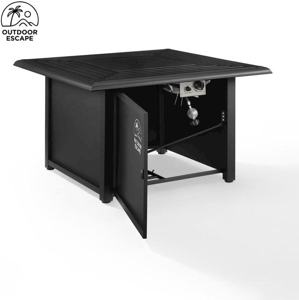 Black Fire Pit Table with Slatted Top and Covers – Propane Backyard Fireplace with Glass Beads and Tank Storage for Patio Furniture Use