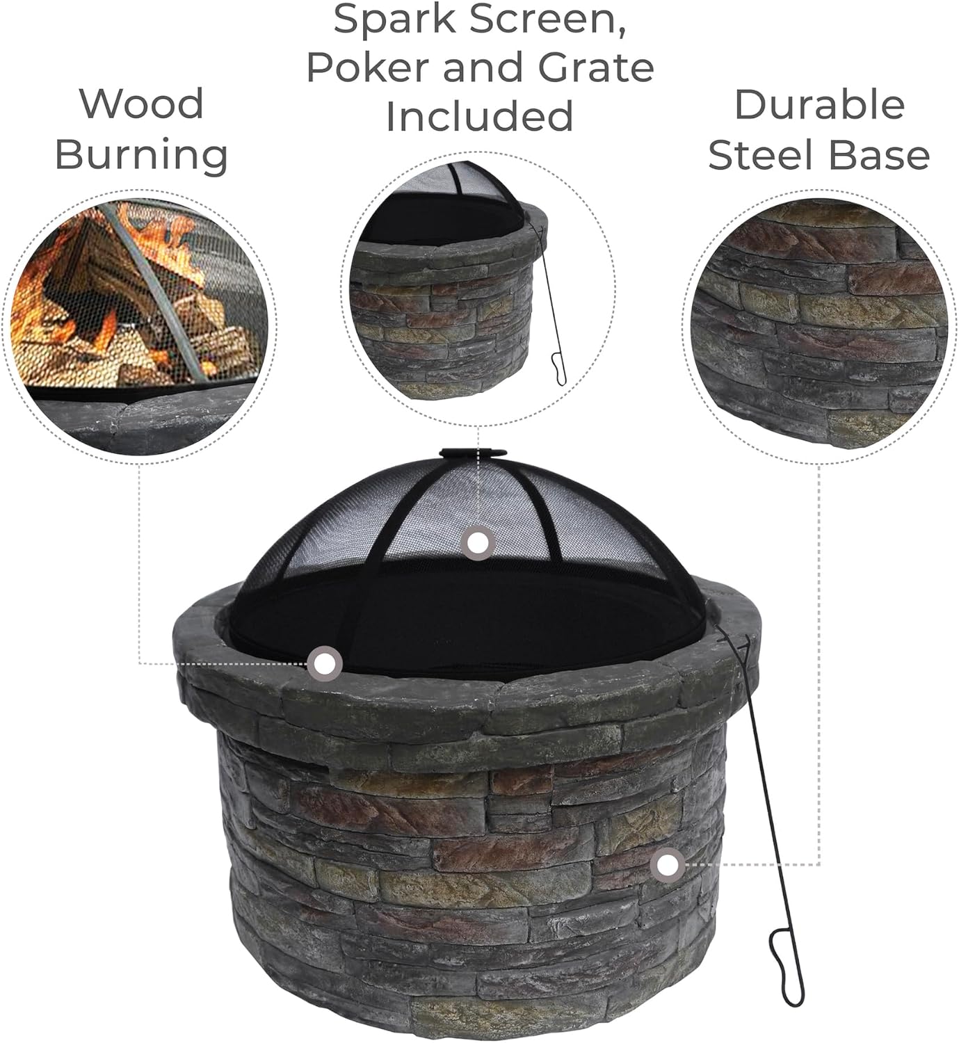Teamson Home 26.5 in. Round Decorative Faux Slate Stone Outdoor Wood Burning Fire Pit with Spark Screen, Poker and Grill Grate for Self-Contained Fires for Entertaining at Home, Multicolored Stone