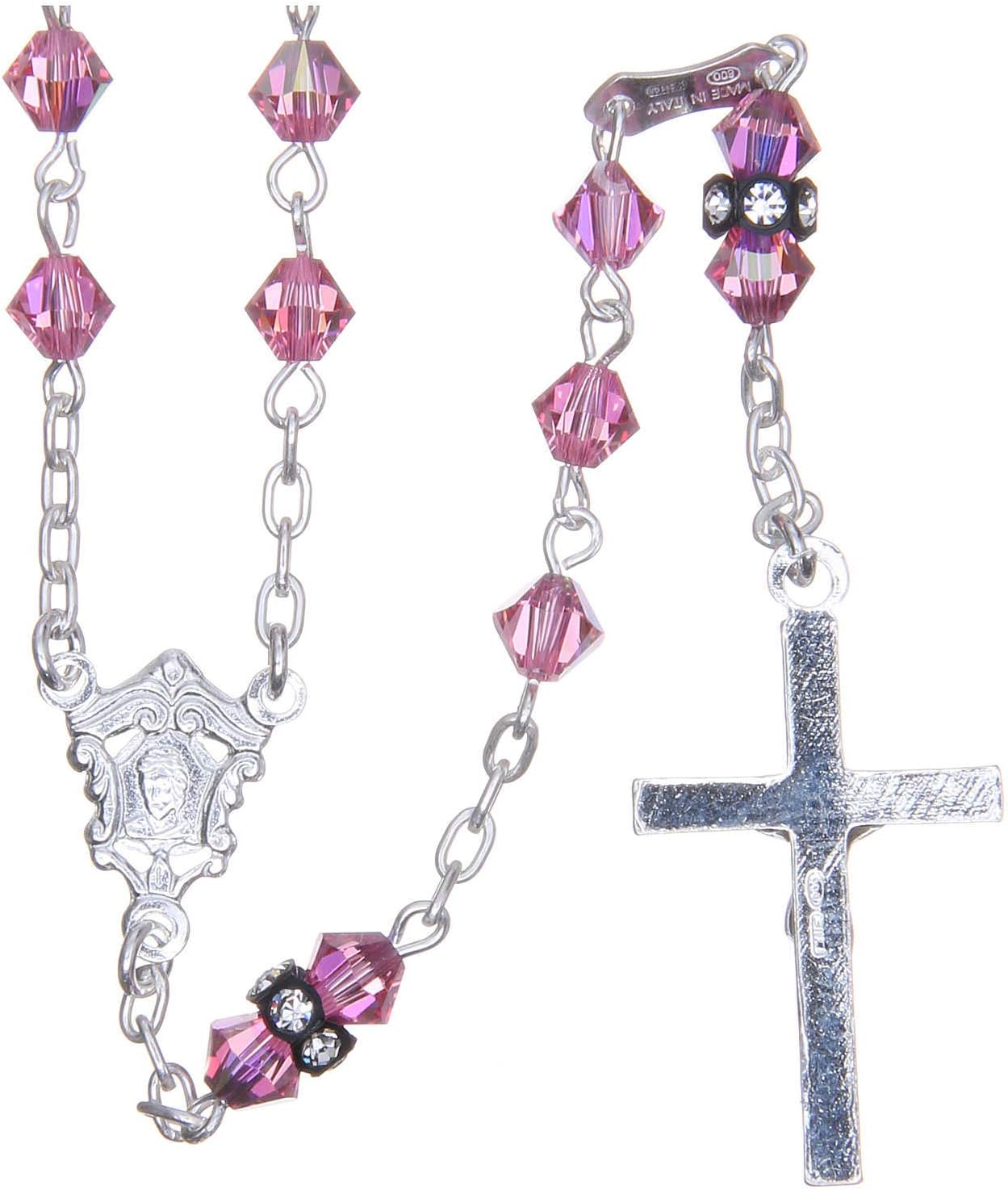 Silver Rosary Beads with Pater Beads in Pink Strass 5mm