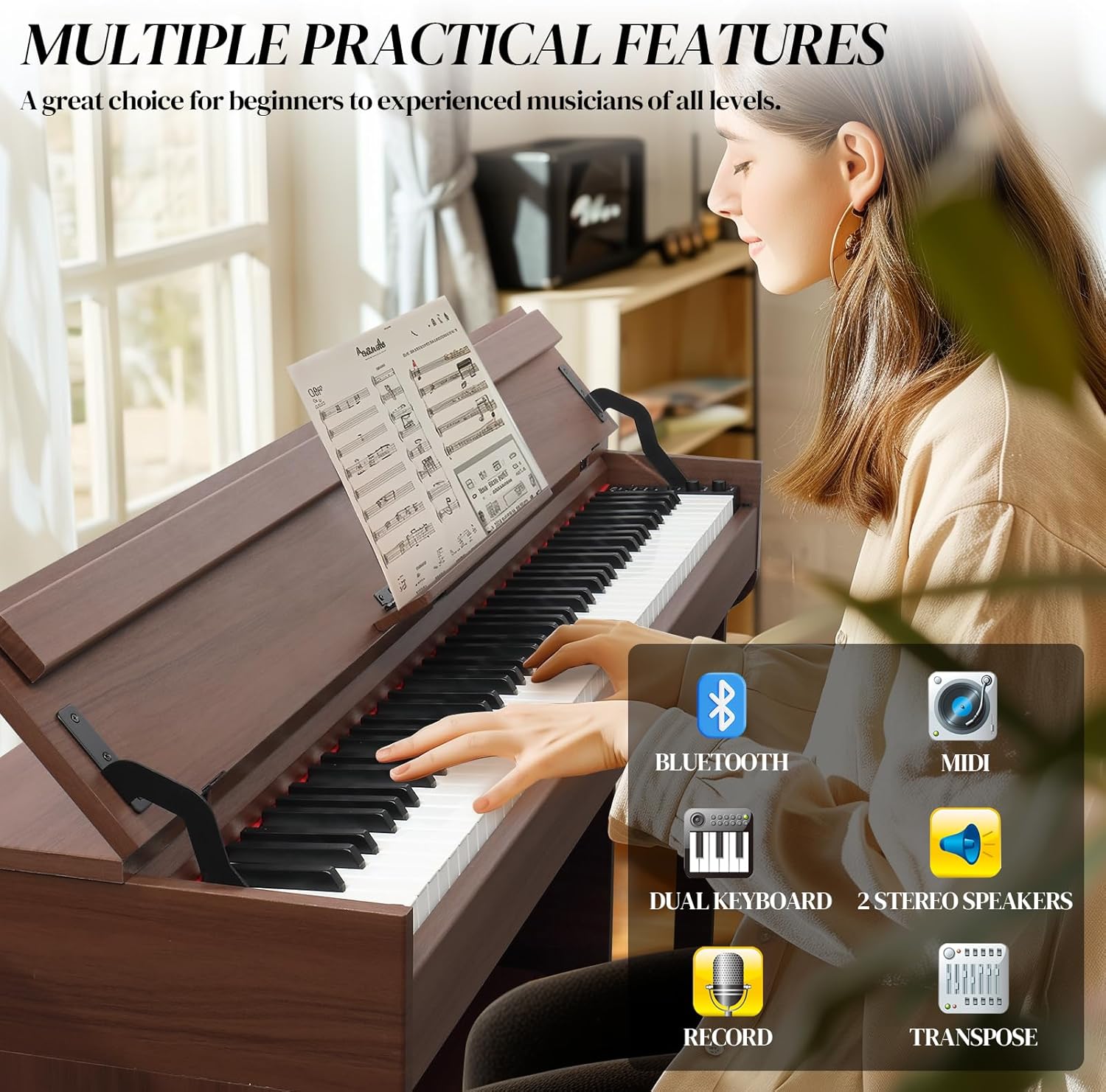 Ktaxon 88 Key Full Weighted Keyboard Piano Electric Keyboard Piano, Digital Piano with Professional 3 Pedal, 2 Stereo Speakers, MP3 Function, USB-MIDI and Unique Clamshell Design(Black Walnut)