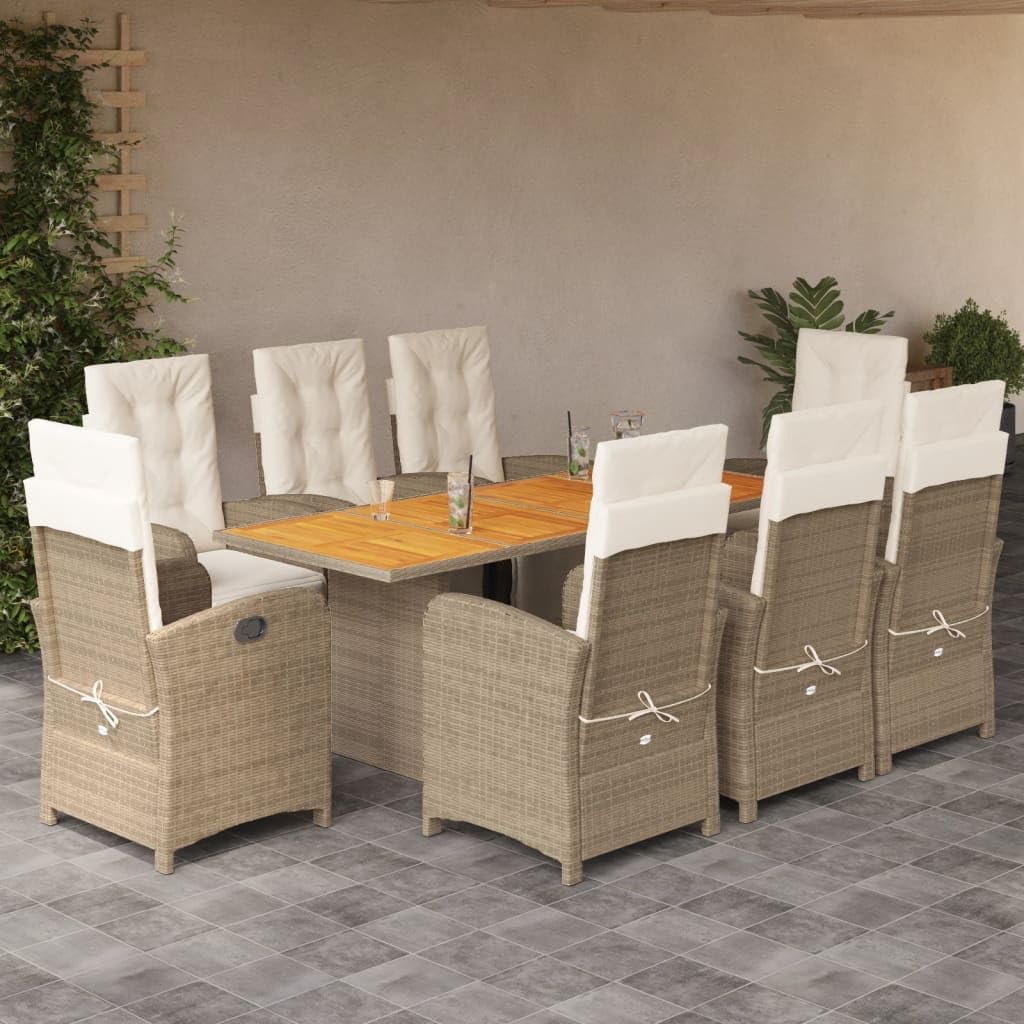 Furniture Sets 9 Piece Patio Dining Set with Cushions Beige Poly Rattan,Comfortable Outdoor Patio Set with Adjustable Reclining Chairs and Acacia Wood Tabletop Garden Conversation Sets
