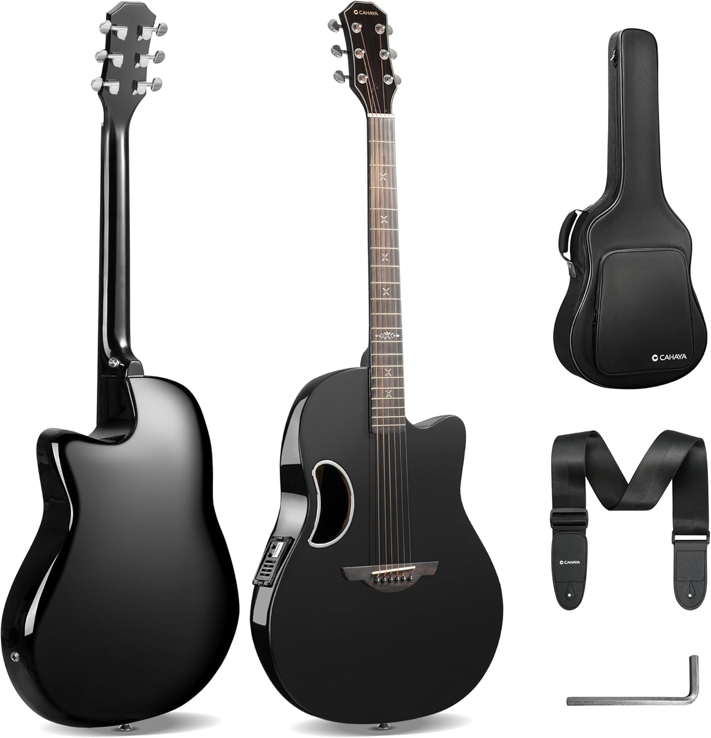 CAHAYA Acoustic Electric Guitar Kit - 41” Carbon Fiber Adult Beginner Set with Bag and Strap Built-In Pickup Rich Resonance & Warm Tone for Performance Ready, High-Gloss Black Finish