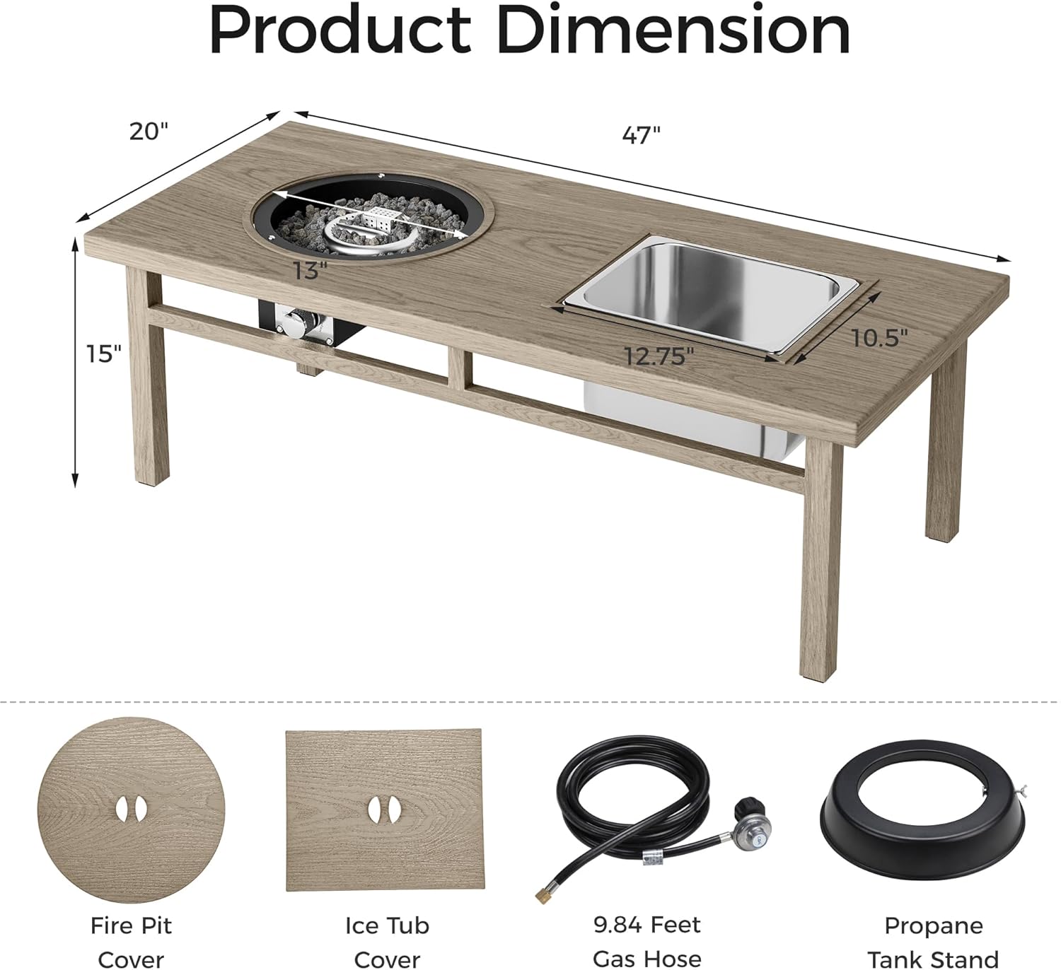 Kaimei 3-in-1 Aluminum Patio Coffee Table with Ice Bucket and Fire Pit - Beige for 6-8 People