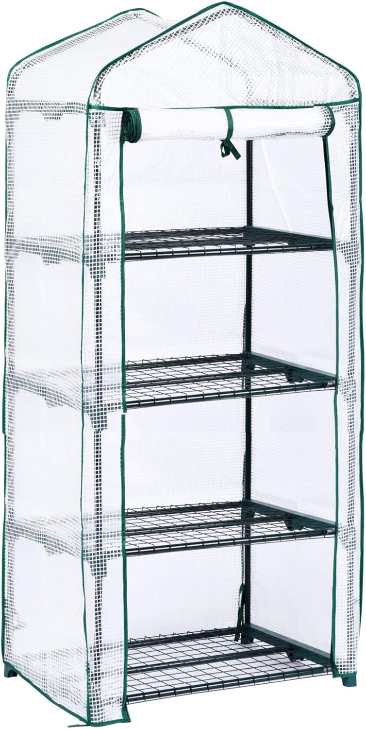 Indoor Outdoor Gardening Greenhouse,Plant Plastic Warm House ,with Zippered Cover,Metal Shelves and Front Roll-Up Door, for Garden, Patio, Backyard ( Color : White , Size : 4 Tier )