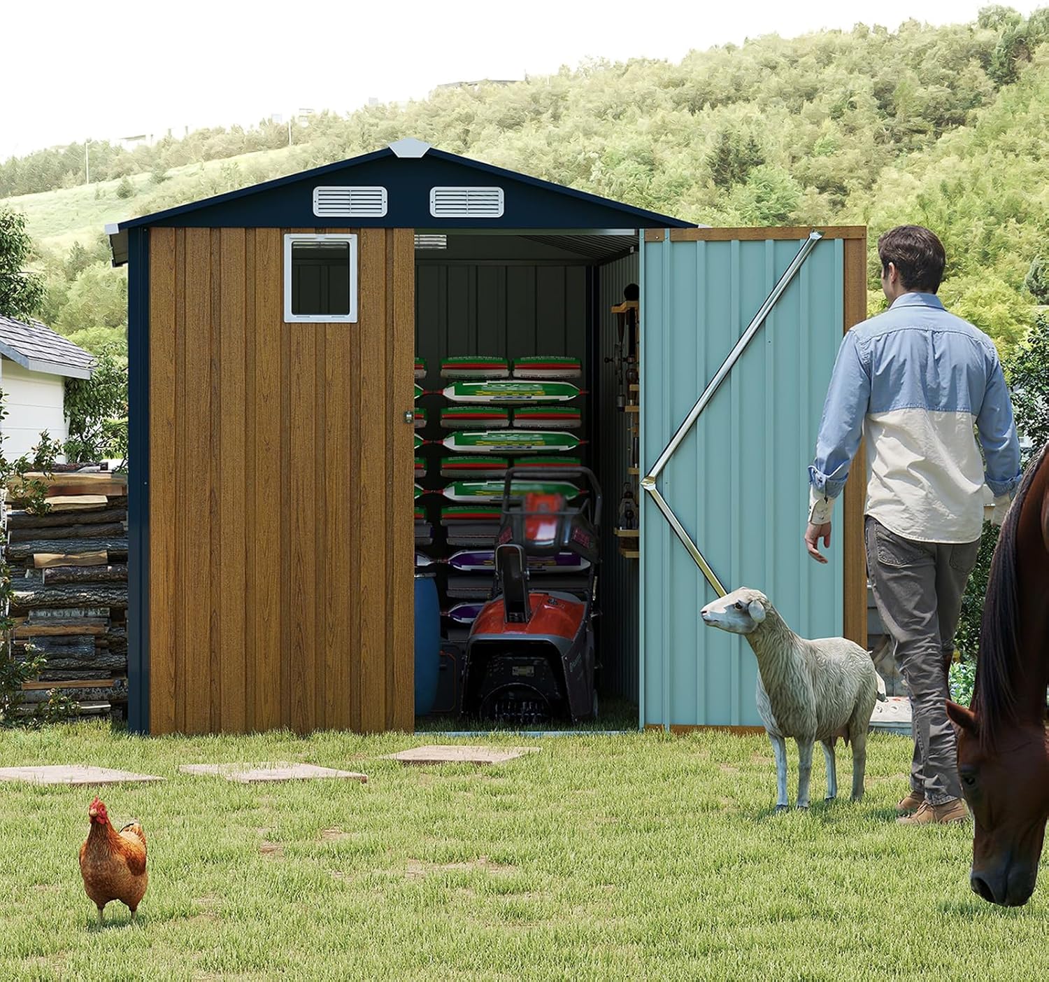 6x8 FT Sheds & Outdoor Storage, Steel Storage Shed with Lockable Doors and Window, Waterproof Garden Shed w/Roof Slope Design & Weather Versatility, Tool House (Yellow, 6x8 FT)