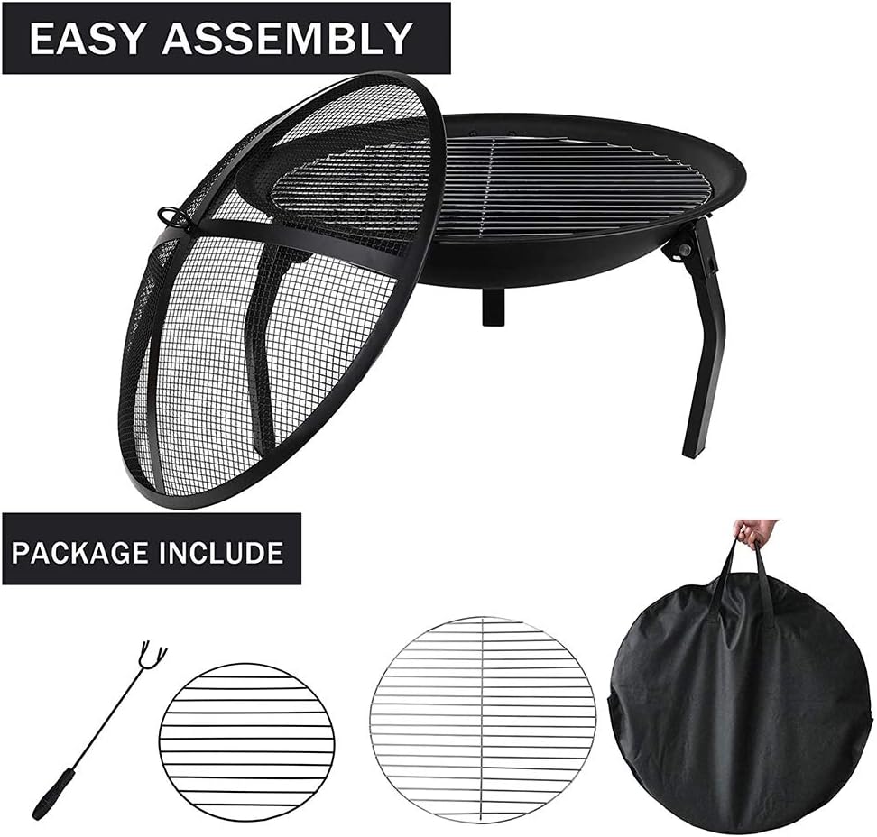 Fire Pit 22 Inch Folding Outdoor Fire Pit, Wood Burning Round Firebowl, with Waterproof Fabric Carrying Bag, for Picnic Camping, Black