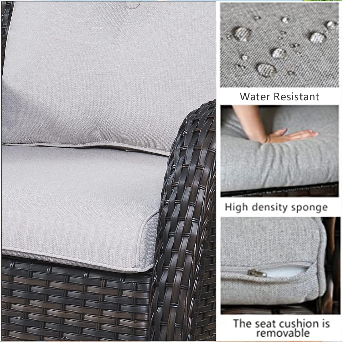 HUMMUH Patio Furniture with Fire Pit 4-Piece Wicker Outdoor Sectional Couch and Swivel Rocking Chairs, Propane Fire Pit Conversation Set for Garden, Backyard, Deck