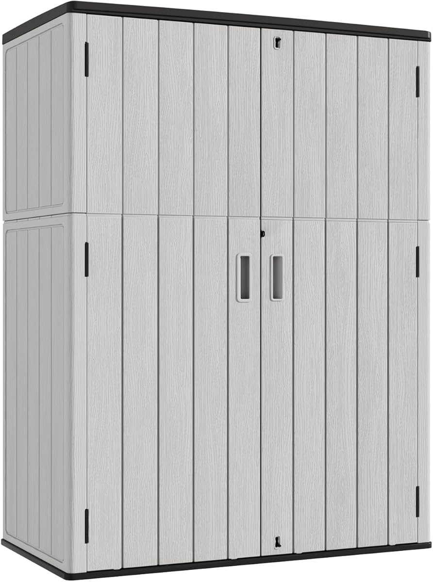 KINYING Outdoor Vertical Storage Shed,57 Cu.ft Outdoor Storage Cabinet Waterproof,Resin Sheds & Outdoor Storage Clearance for Garden,Patio,Backyard,Lockable (Grey)