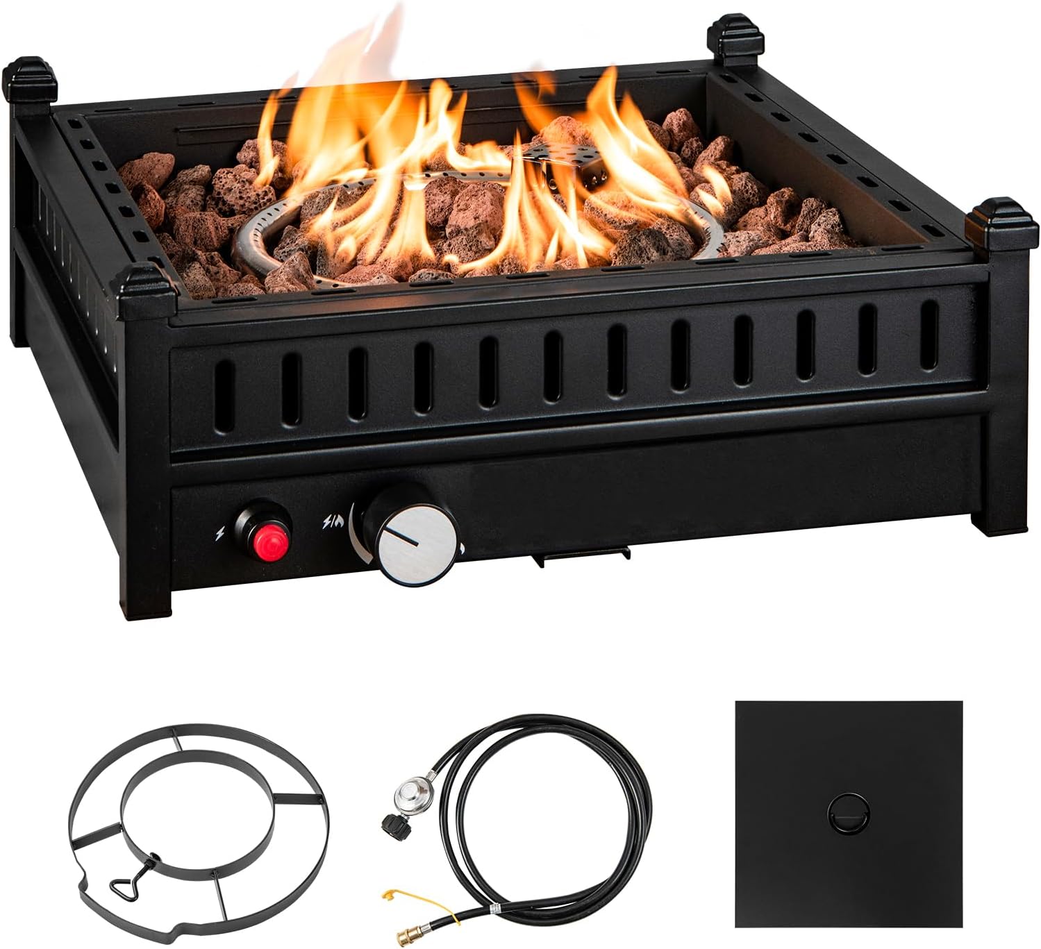 COSTWAY 16.5 Inch Tabletop Propane Fire Pit, 40,000 BTU Outdoor with Removable Lid, Simple Igniting System, Lava Rocks & Tank Seat Included, Ideal for Tables with 2'' Umbrella Hole