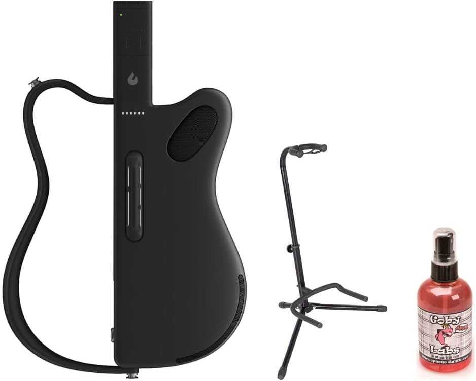 LAVA GENIE Stringless Guitar with Travel Case Black Bundle with Rok-It Tripod Guitar Stand, Goby Labs Microphone Sanitizer