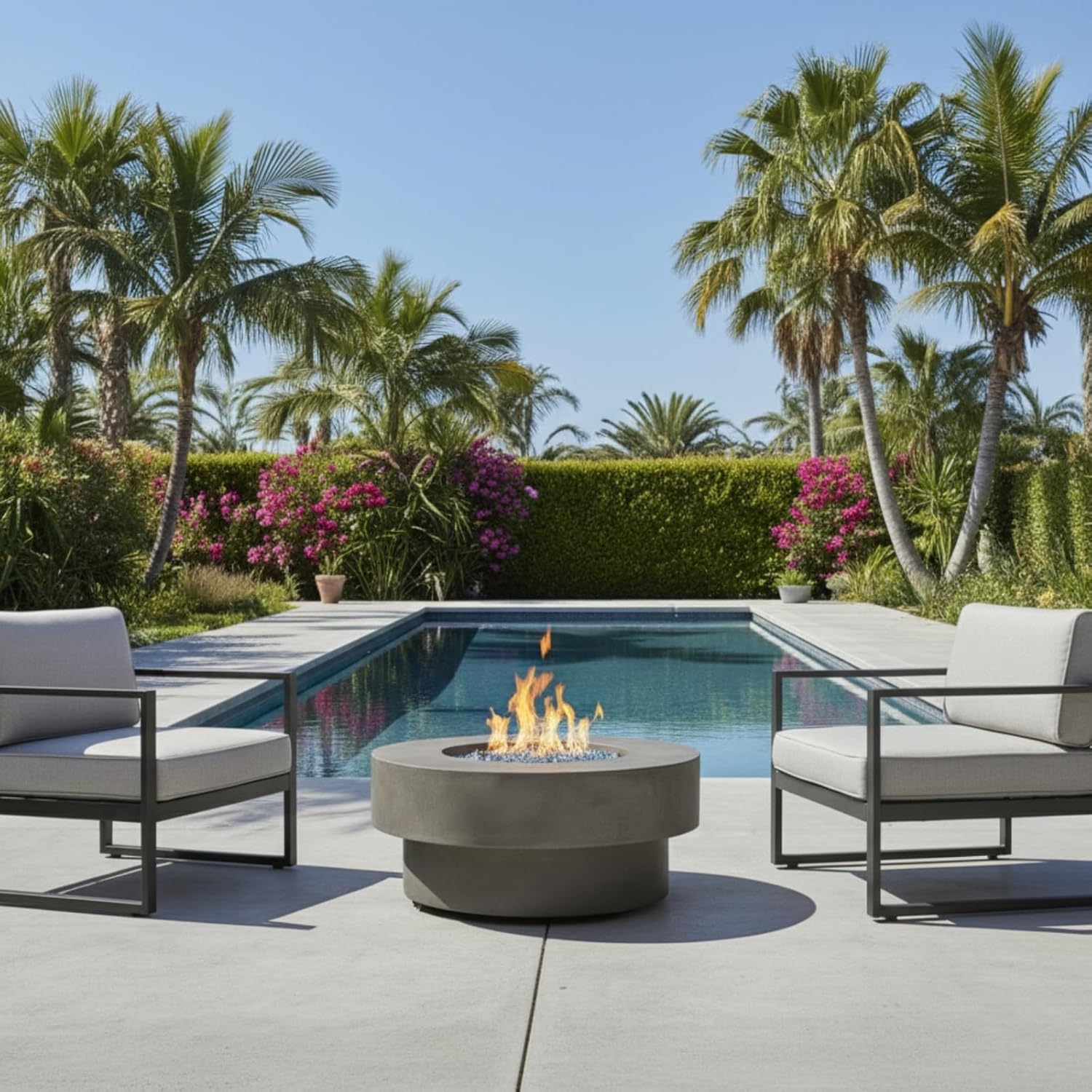 34-inch Round Propane Fire Pit Table, Cement Grey Outdoor Firepit Table with 50000BTU, Electronic Ignition, Burner Lid, Glass Rocks & Rain Cover, 33.46