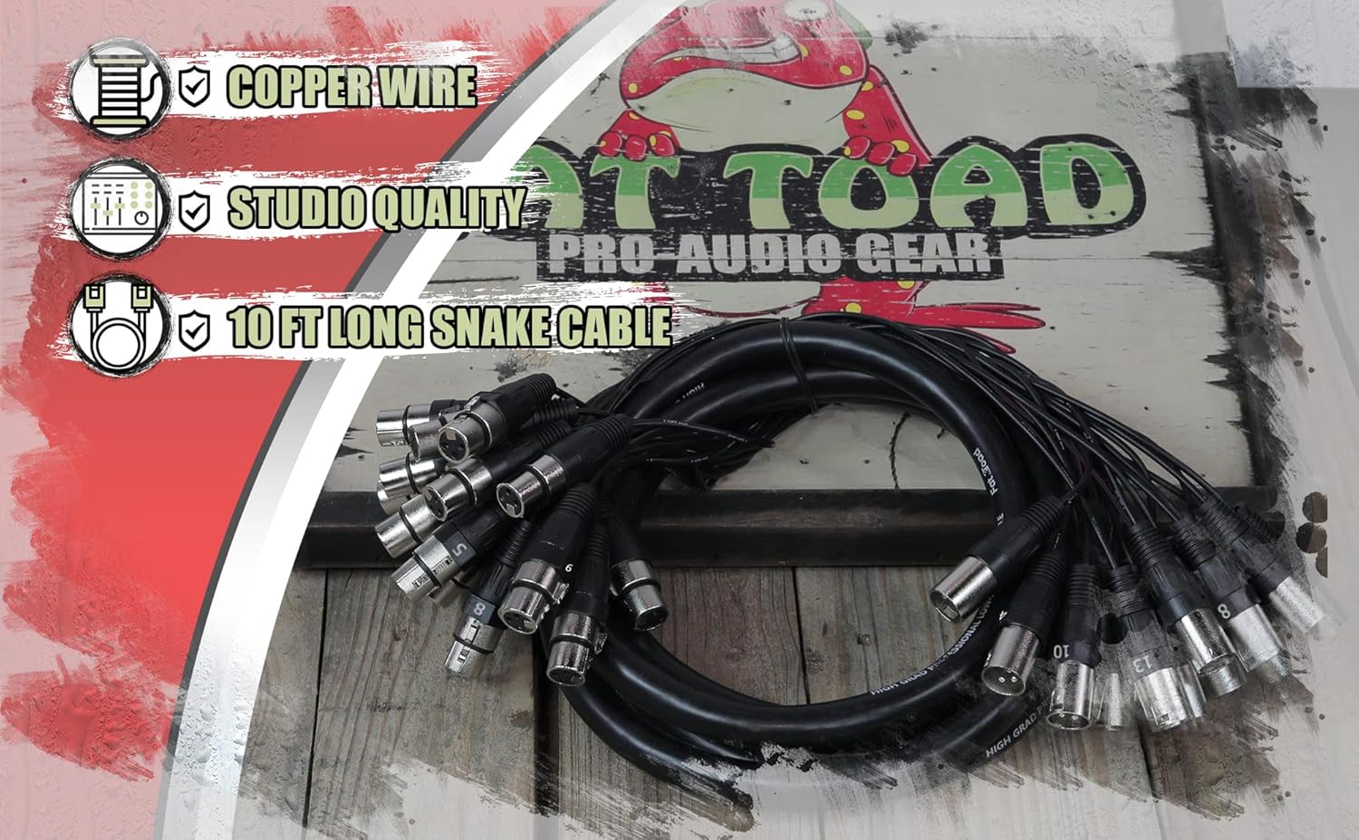 Fat Toad 10ft 16-Channel XLR Snake Cable (ShieldedPRO X Series) – Audio Patch Wire for Studio, Stage, Mic Cord Interface, DJ Mixer, Amp & Live Sound Gear