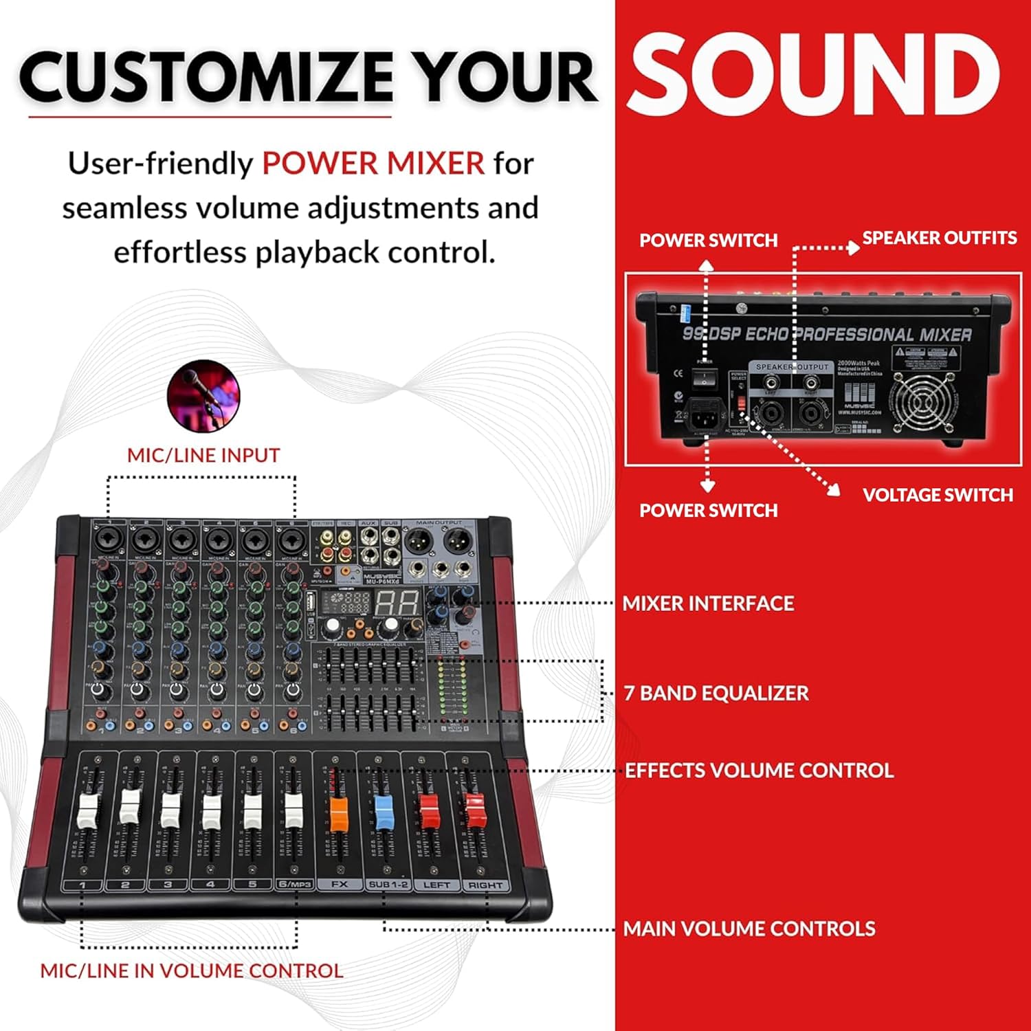MUSYSIC Portable PA System with 2000W Amp & Wireless UHF Microphone System. 6 Ch Audio Mixer with Multiple Inputs. pa system with wireless microphone and speakers, Complete w/Stands - 10