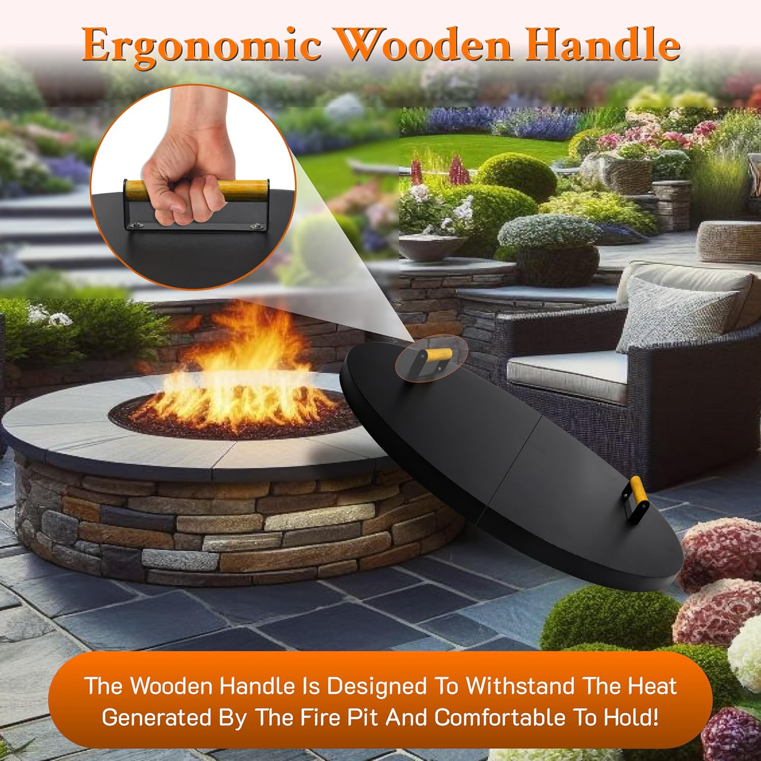 42” Fire Pit Cover Lid Round - Fit for 40” Round Fire Pit Lid for Outdoor Fireplace Cover Lid Steel fire pit metal cover W/ 2 Wooden Handles & Heat Resistant Snuffer Lid for Patio Fire Pit Ring