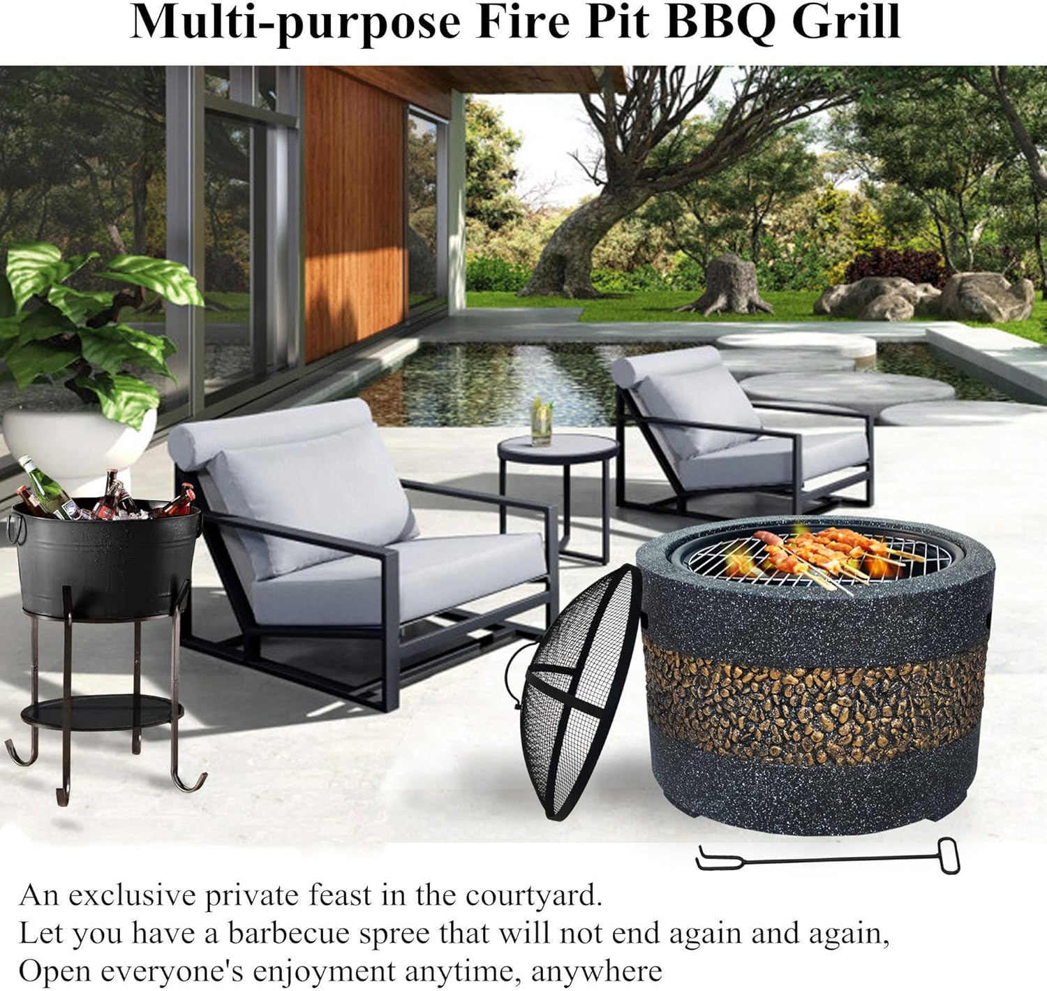 Cast Stone Fire Pit,Large Firepit Table Wood Burning,Mesh Screen Spark Protector and Lift Hook,Heat Resistant Fire Bowl,Patio Garden Fireplace