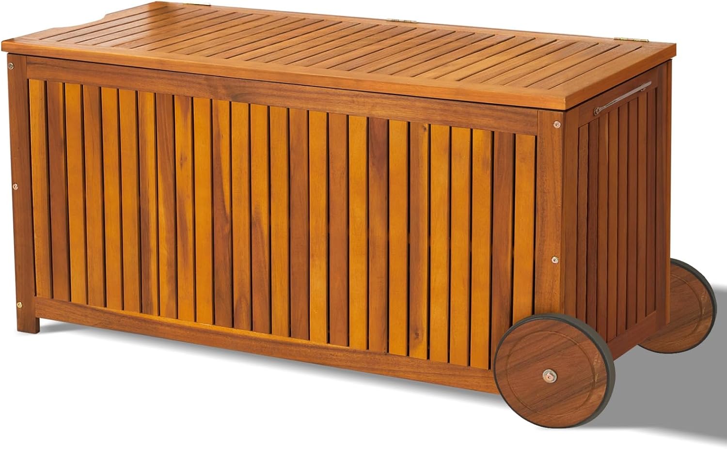 Acacia Wood Patio Storage Box with Wheels, 57-Gallon Outdoor Deck Box with Water-Resistant Liner for Furniture Cushions, Garden Tools, and Pool Accessories, 46.85