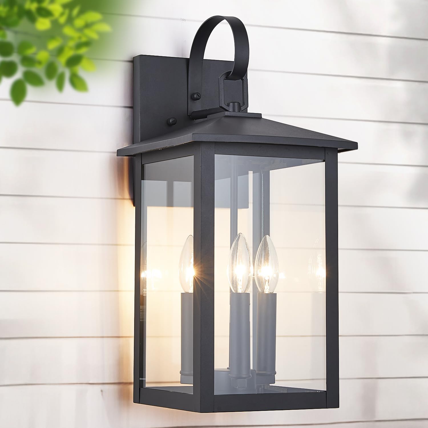 3-Light 9 inches Wide 20.5 inches High Large Wall Lantern Light with Textured Black Finish and Clear Glass New Traditional Outdoor Wall Lights for a Porch, Patio, Garage, Barn, Foyer