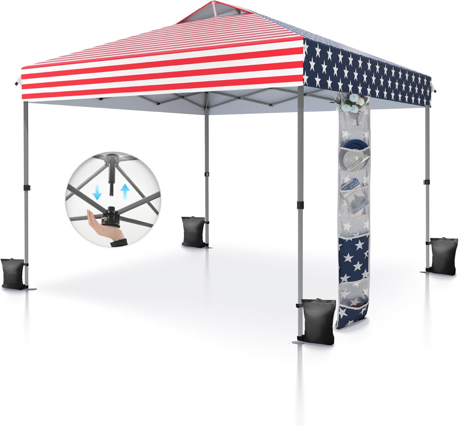PHI VILLA 10x10 Pop Up Canopy Tent - One Push Setup, Instant Shade Tent with Vented Roof for Beach & Events - Includes Storage Bag, Sandbags, Stakes & Ropes (American Flag)