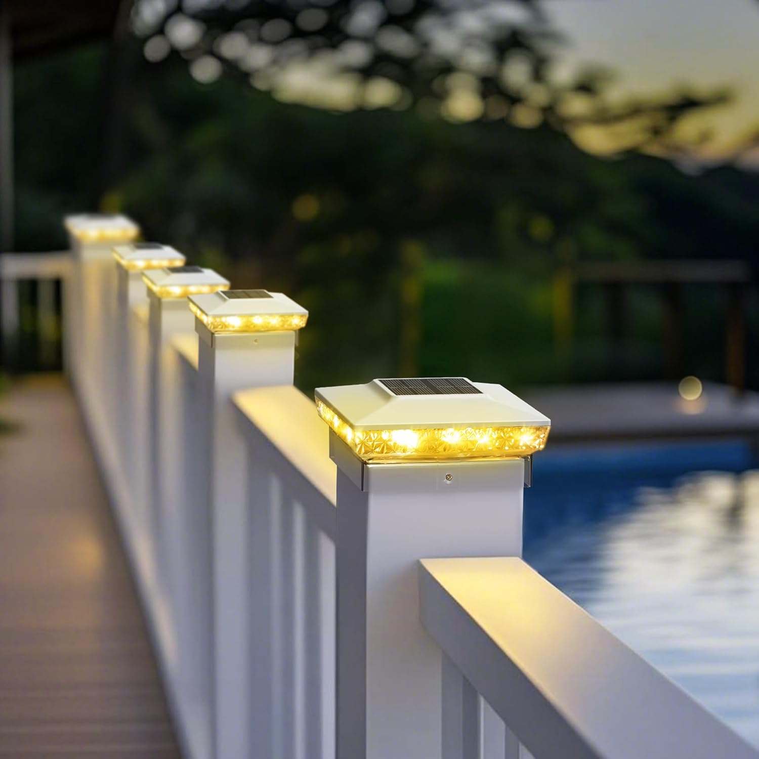 Solar Post Cap Lights, 16-Pack Upgraded Outdoor Deck Fence Post Solar Lights for 4x4 5x5 Wood/Vinyl Posts, IP65 Waterproof, 10-12 Hours Warm/Cool White Glow for Garden/Patio/Porch - White