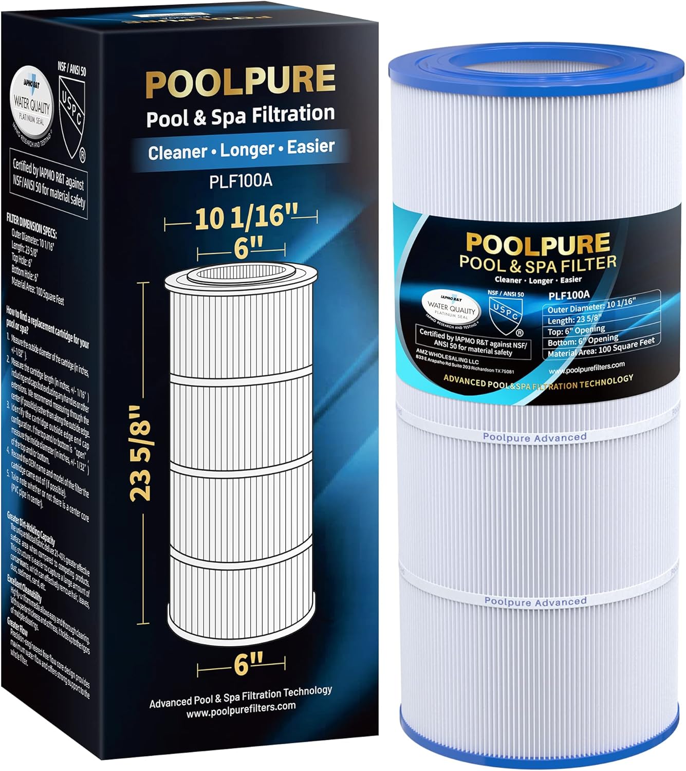 POOLPURE PLF100A Pool Filter Replaces Pentair CC100, CCRP100, PAP100, PAP100-4, Ultral-C3, Unicel C-9410, R173215, Filbur FC-0686, 59054200, 160316, 160354, Predator 100, L x OD:23 5/8
