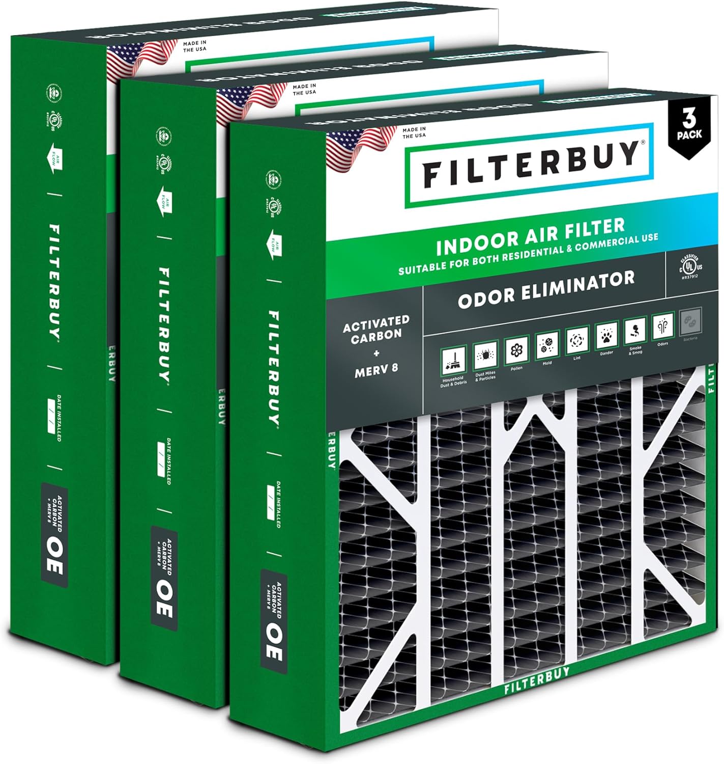 Filterbuy 20x25x6 Air Filter MERV 8 Odor & Allergy Defense with Activated Carbon (3-Pack), Pleated HVAC AC Furnace Filters for AprilAire Space-Gard & Lennox (Actual Size: 19.75 x 24.25 x 6.00)