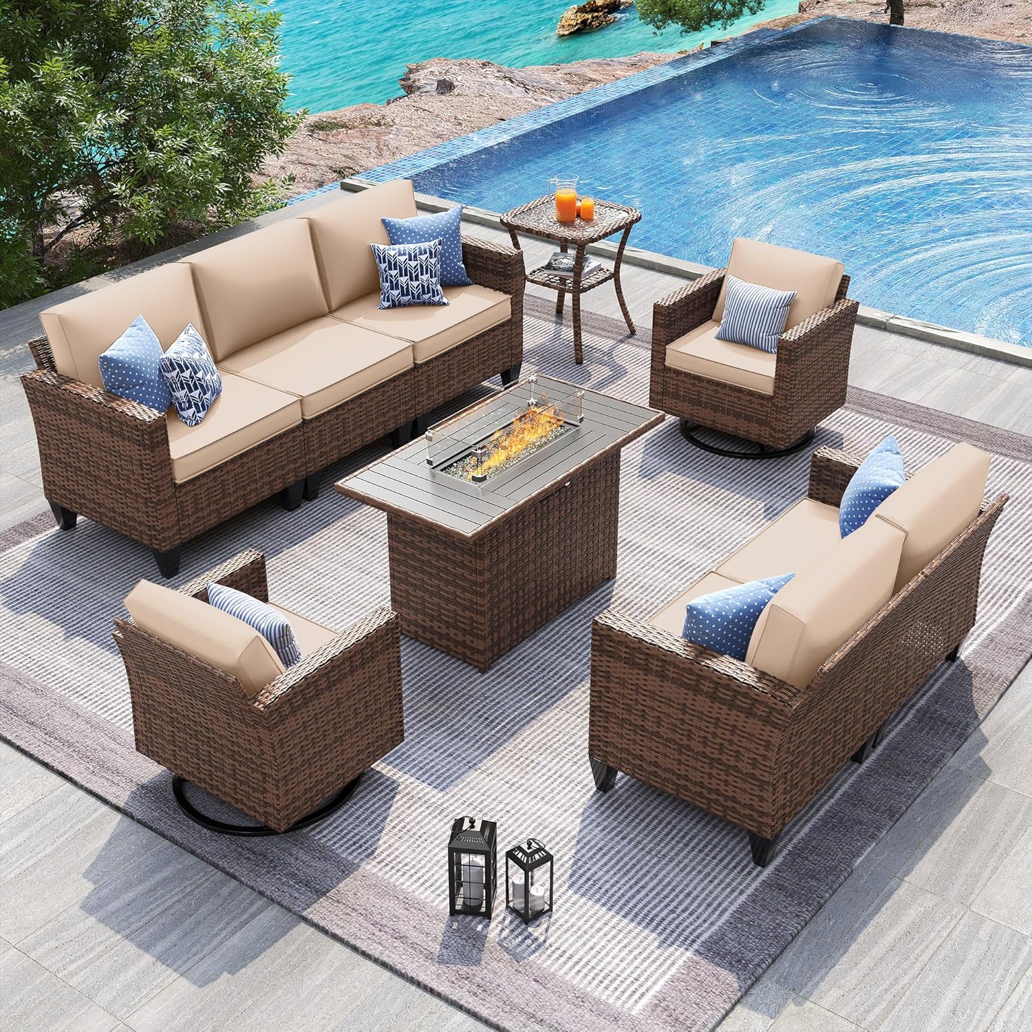 UDPATIO Patio Furniture Set with Fire Pit Table, Rocking Swivel Chairs, 6 Pieces Outdoor Conversation Sets, All-Weather Wicker Outdoor Sectional Sofa with Waterproof Cover, 4'' Thickened Cushion