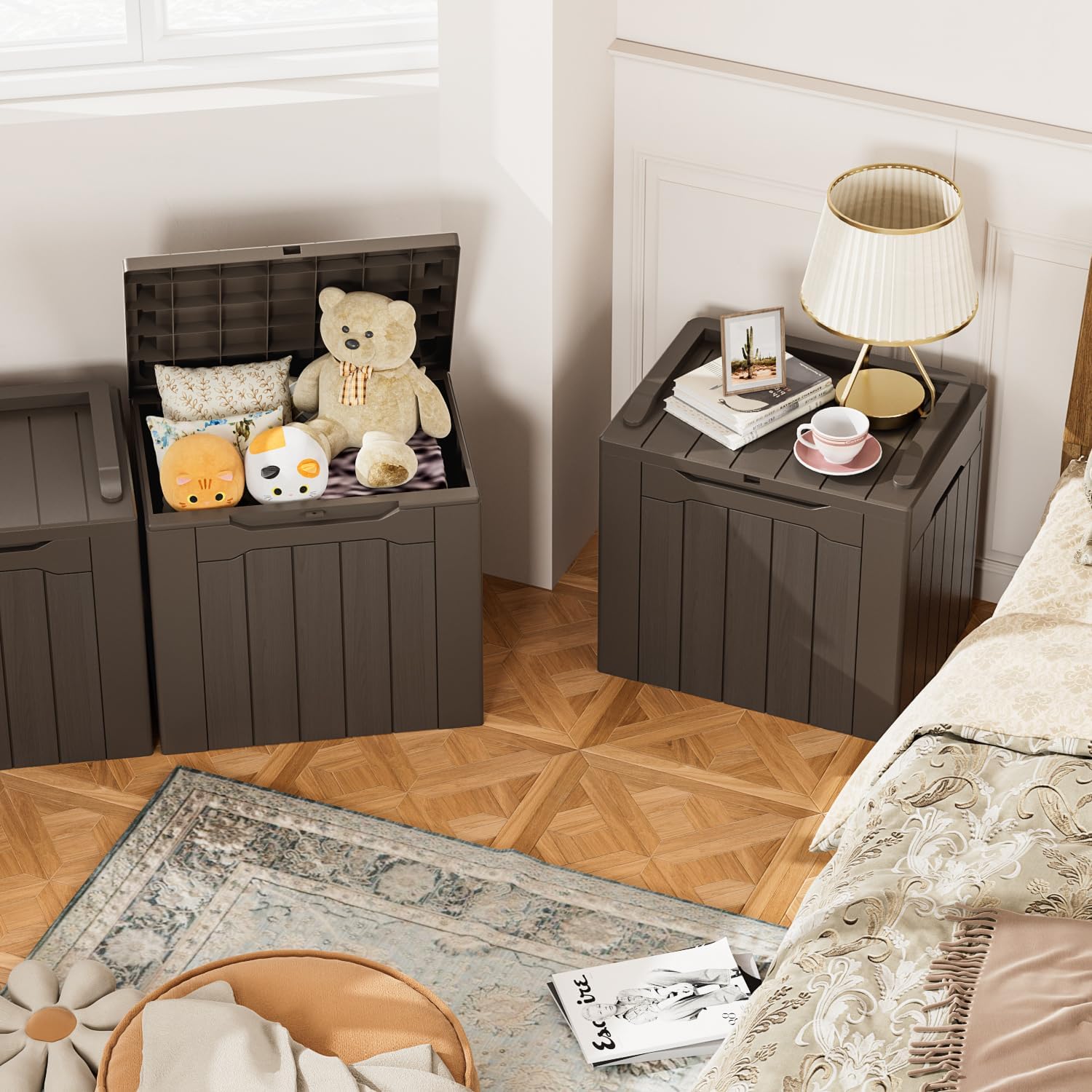 YESHOMY 30 Gal Plastic Storage Bins with Lid Stackable Box Organizers for Living Room, Office, Dorm, 2 Pack, Brown