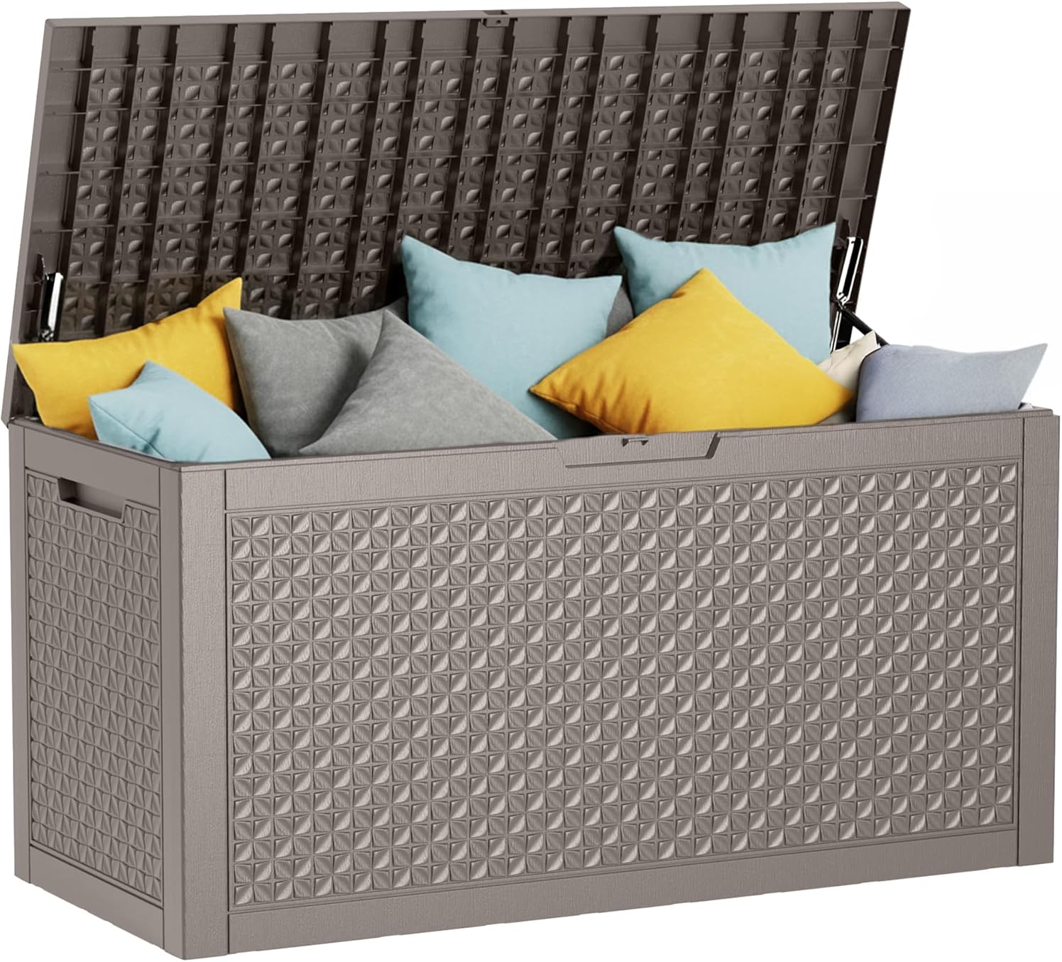EasyUp 121 Gallon Outdoor Storage Box Waterproof, UV Resistant Resin Deck Box with Hydraulic Rod, Reinforced Stability for Patio, Garden, Quad Leaf Grey