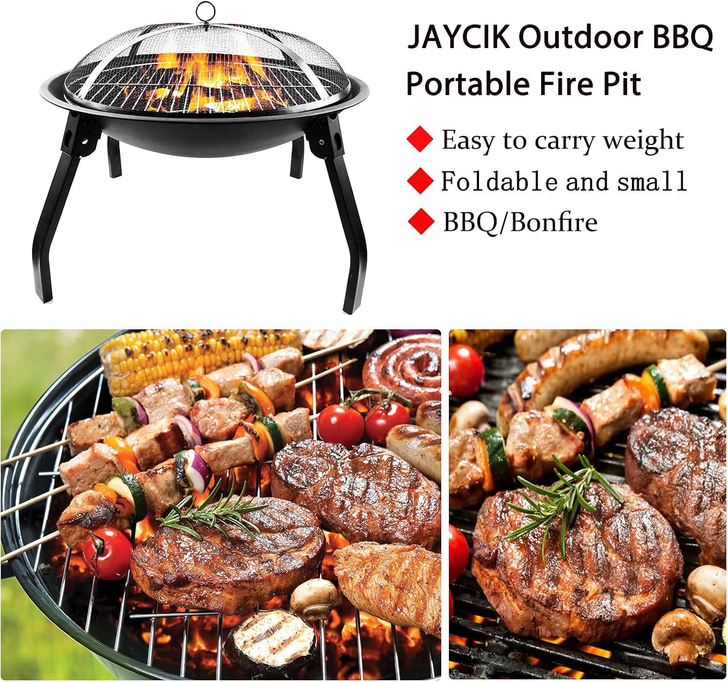 Outdoor Fire Pits,Portable and Collapsible 22-inch Fire Pit Grill Wood Burning Best for BBQ,Campfire,Bonfire with Smore SticksMesh Cover Spark Screen,black