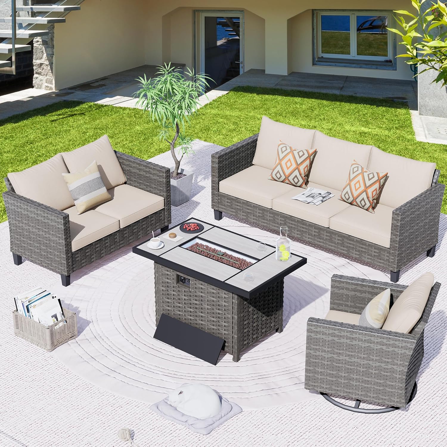 4 Pieces Wicker Patio Furniture Set,PE Rattan Outdoor Conversation Sofa Set with 42inch Fire Pit Table, Non-Slip Cushions and Swivel Chair(Beige)