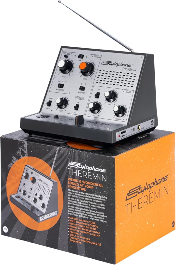 Stylophone Theremin – Award-Winning Portable Touch-Sensitive Synthesizer with Retro Analog Sound, Built-In Speaker, Delay & Vibrato Effects, Slider Control, Compact Battery-Powered Design