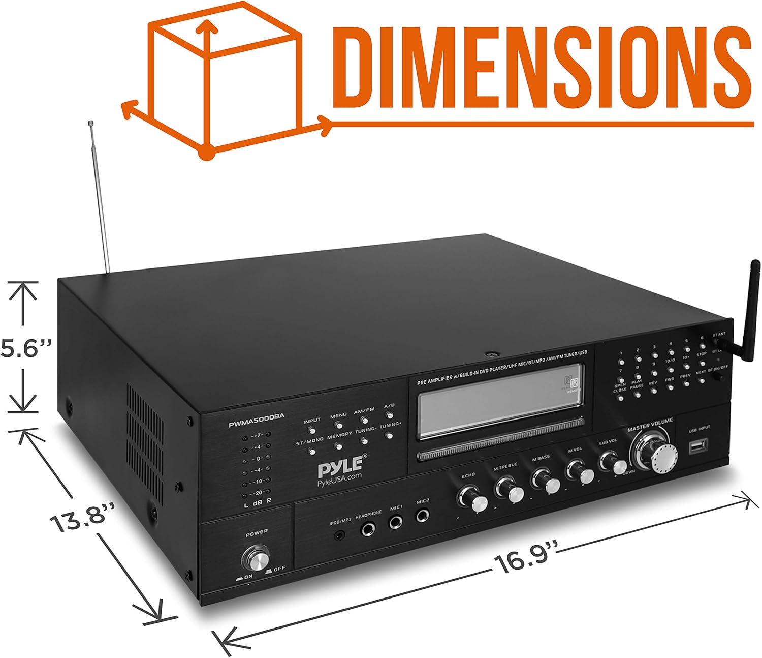 Pyle 4-Channel Wireless Microphone Amplifier System - Home Audio Stereo Receiver with CD/DVD Player, Dual UHF Mics, MP3/USB Playback, AM/FM Radio, Bluetooth Connectivity, Rack Mountable