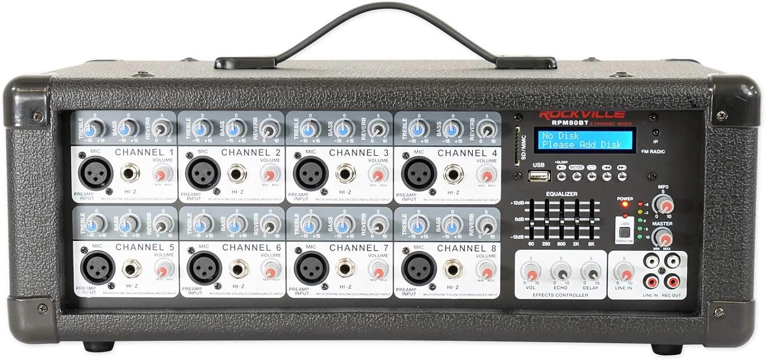Rockville RPM80BT 2400w Powered 8 Channel Mixer/Amplifier w/Bluetooth/EQ/Effects
