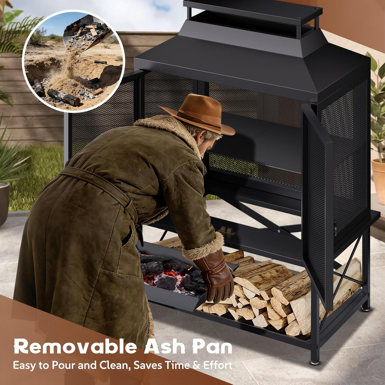 Outdoor Chiminea Fire Pit with Grill and Wood Storage, Large Wood Burning Fireplace for Outside with Chimney, Mesh Spark Screen Door & Fire Poker, Ideal for Patio, Backyard, Garden, and Camping