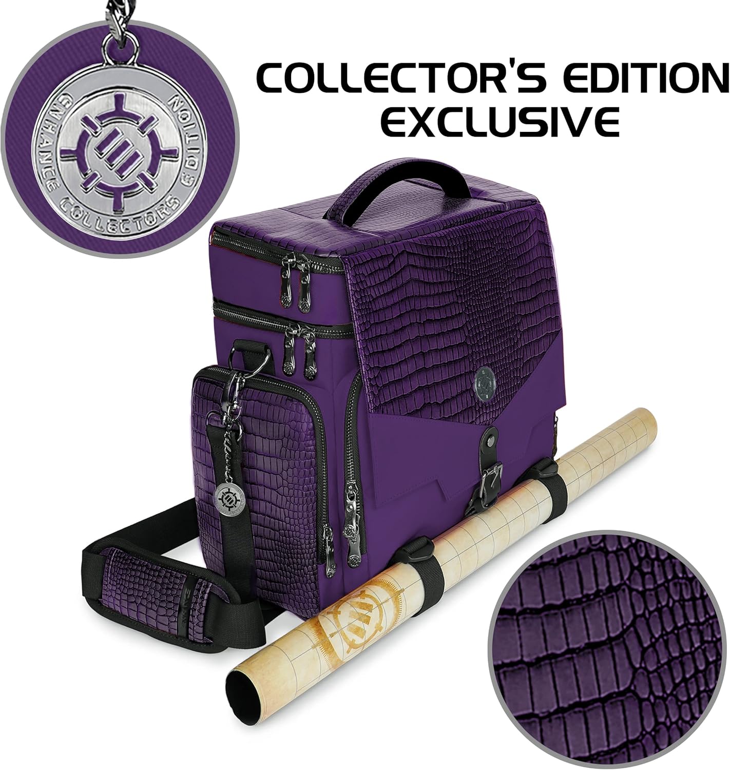 ENHANCE Travel Bag for DND Collector's Edition, Bag Compatible with Dungeons and Dragons, Battle Mat Holder, Dice Pockets and Accessories, Carry 4-8 Books (Purple Dragon)