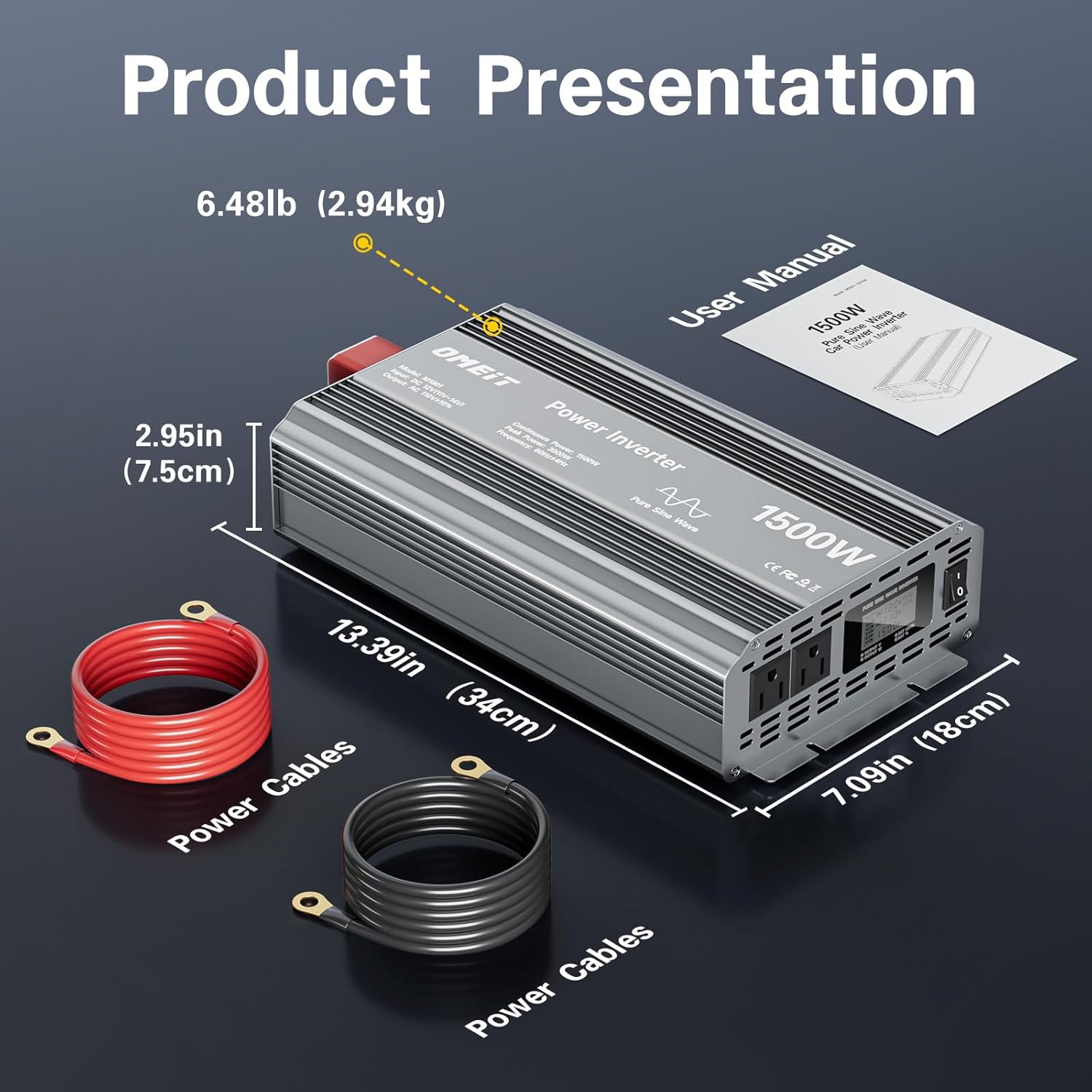 1500W Pure Sine Wave Power Inverter, 12V DC to 110V/120V AC for Car, RV, Truck, Home, Off-Grid, Camping with 2 AC Outlets, LCD Display and 3000W Surge